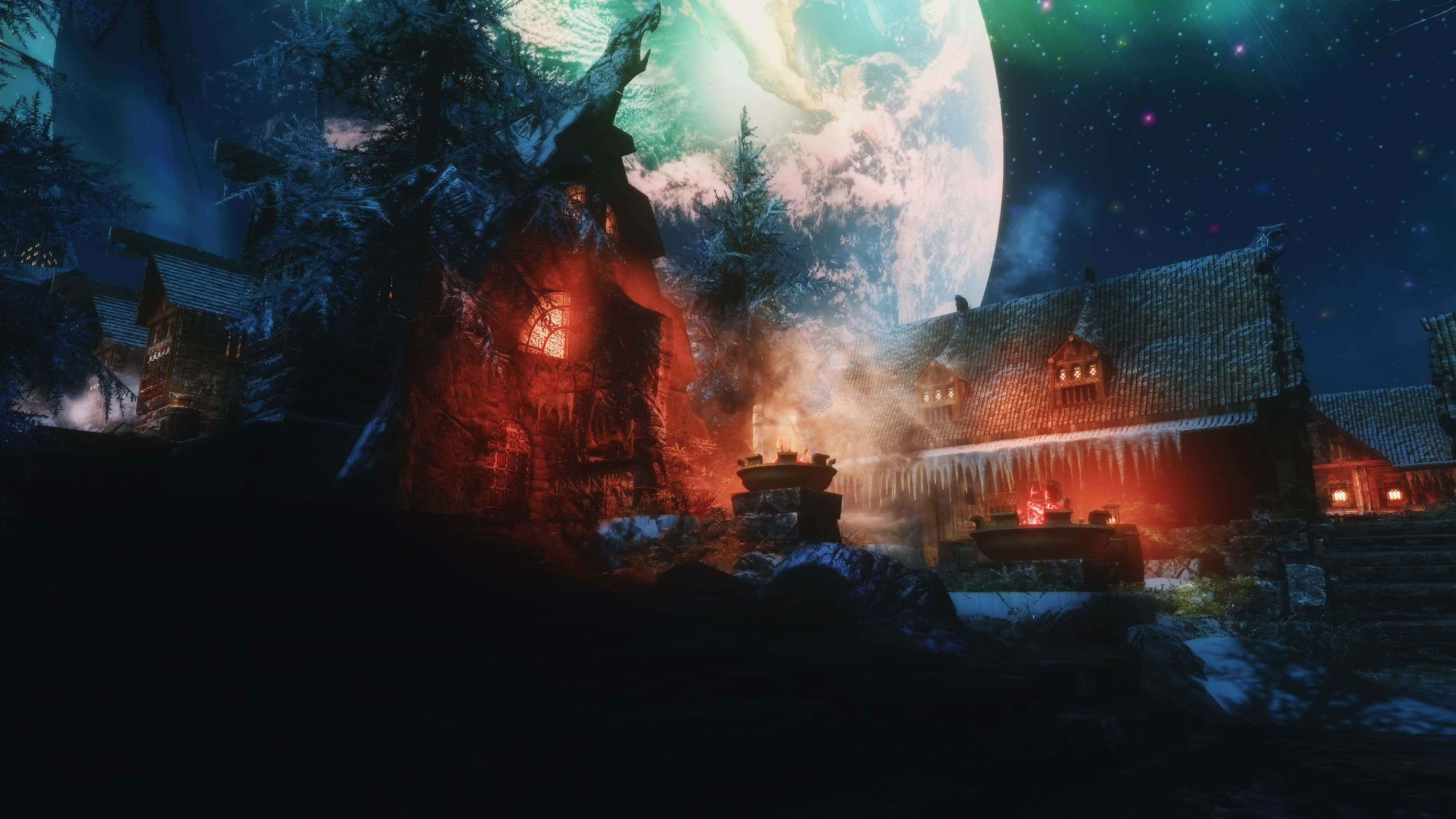 Skyrim Windhelm, 4K resolution, snow-covered rustic cabins, 4K Desktop Wallpaper