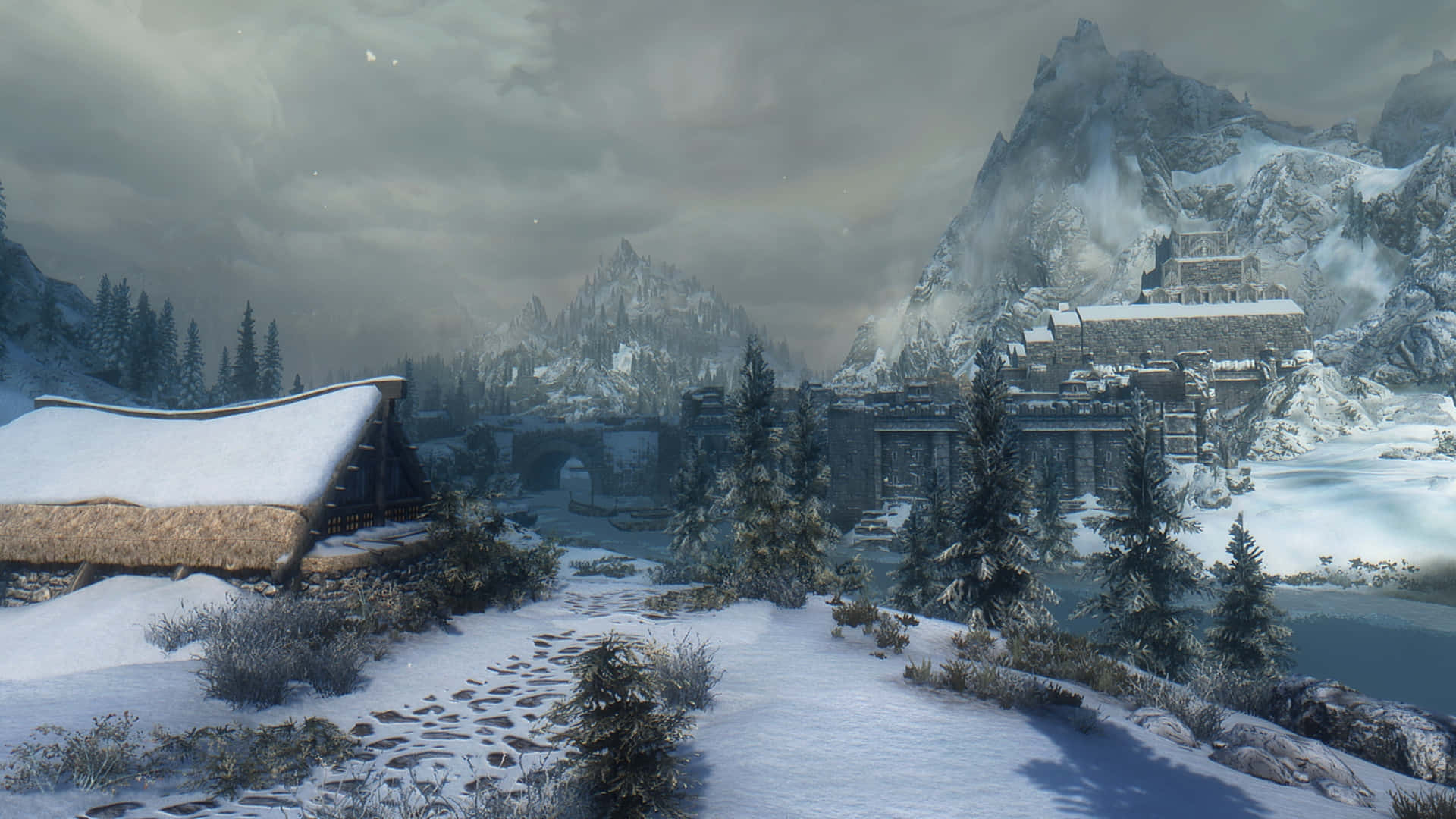 Skyrim, Windhelm, snow-covered mountain village, Full HD Desktop Wallpaper