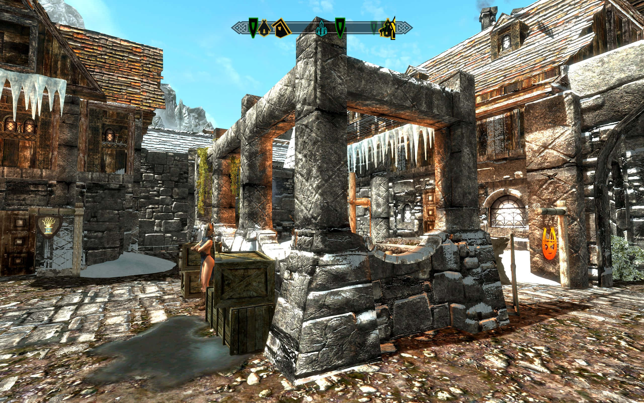 Skyrim, Windhelm, snowy medieval village square, 2K Desktop Wallpaper