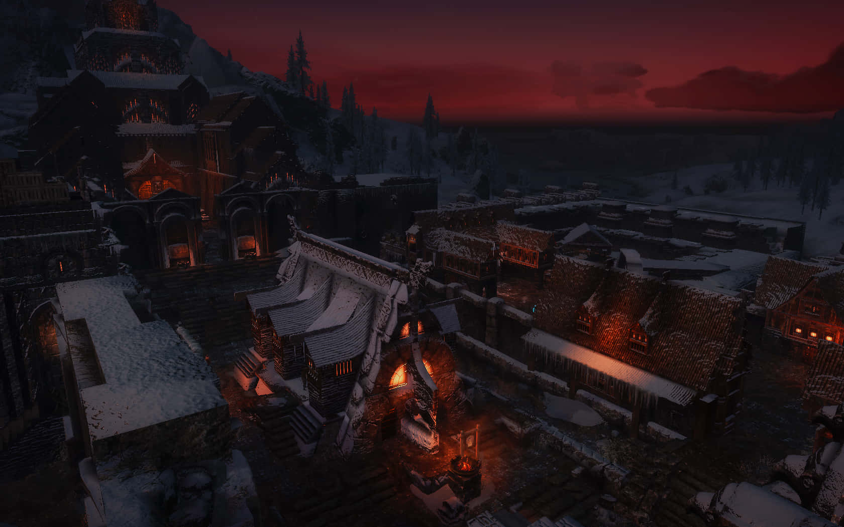 Skyrim, Windhelm, snow-covered medieval village, HD Desktop Wallpaper