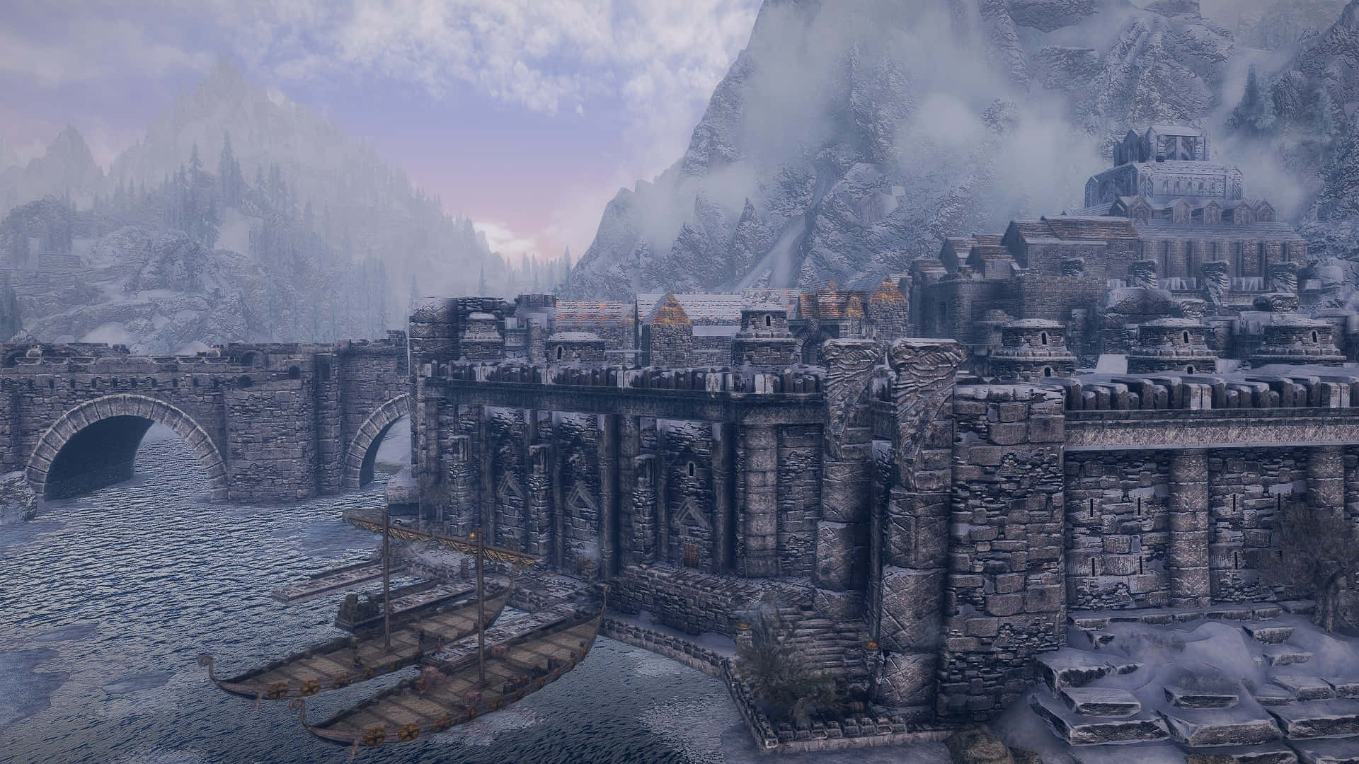 Skyrim, Windhelm, snow-covered medieval fortress city, Full HD Desktop Wallpaper