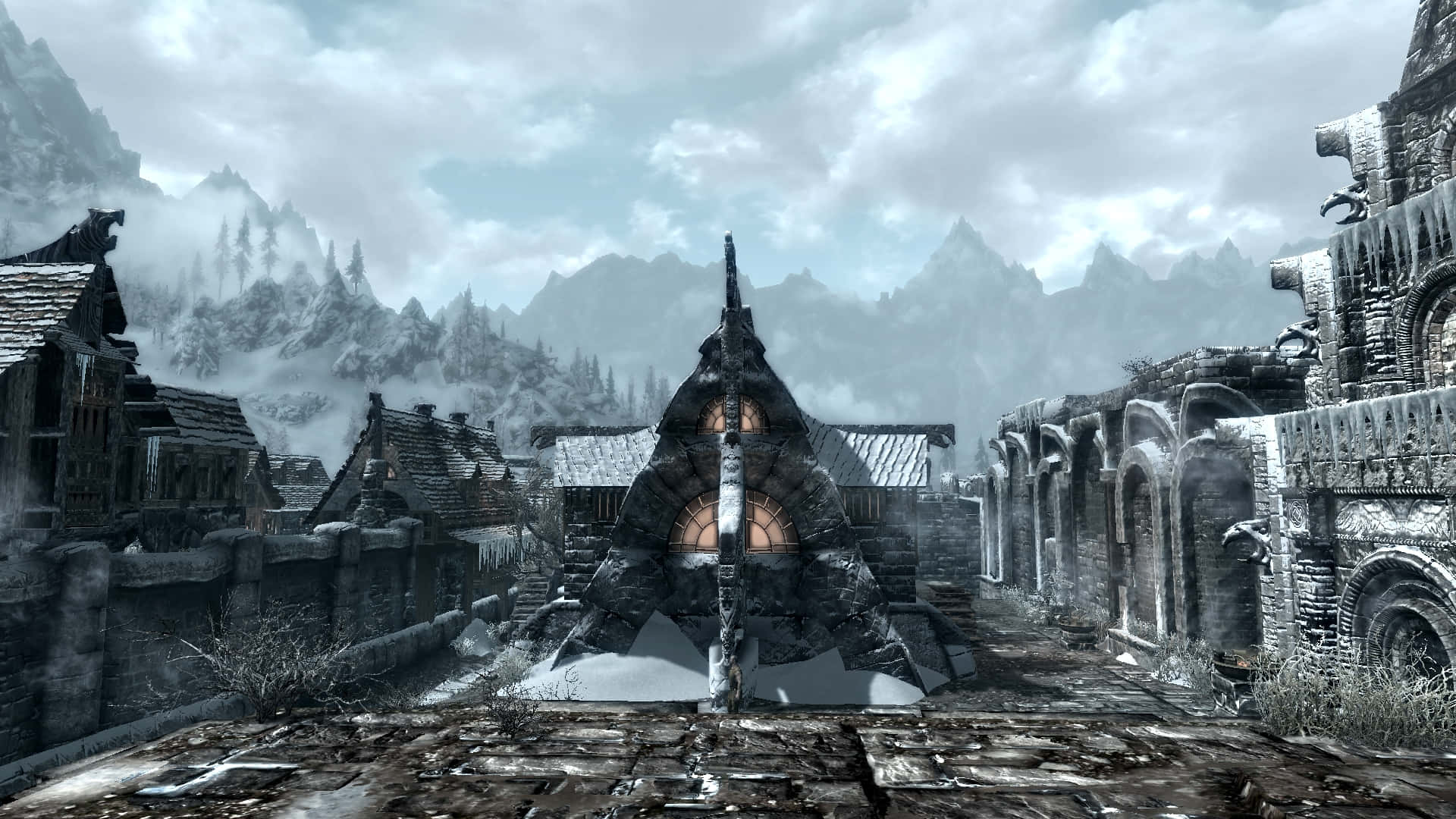 Skyrim, Windhelm, snow-covered medieval village, Full HD Desktop Wallpaper