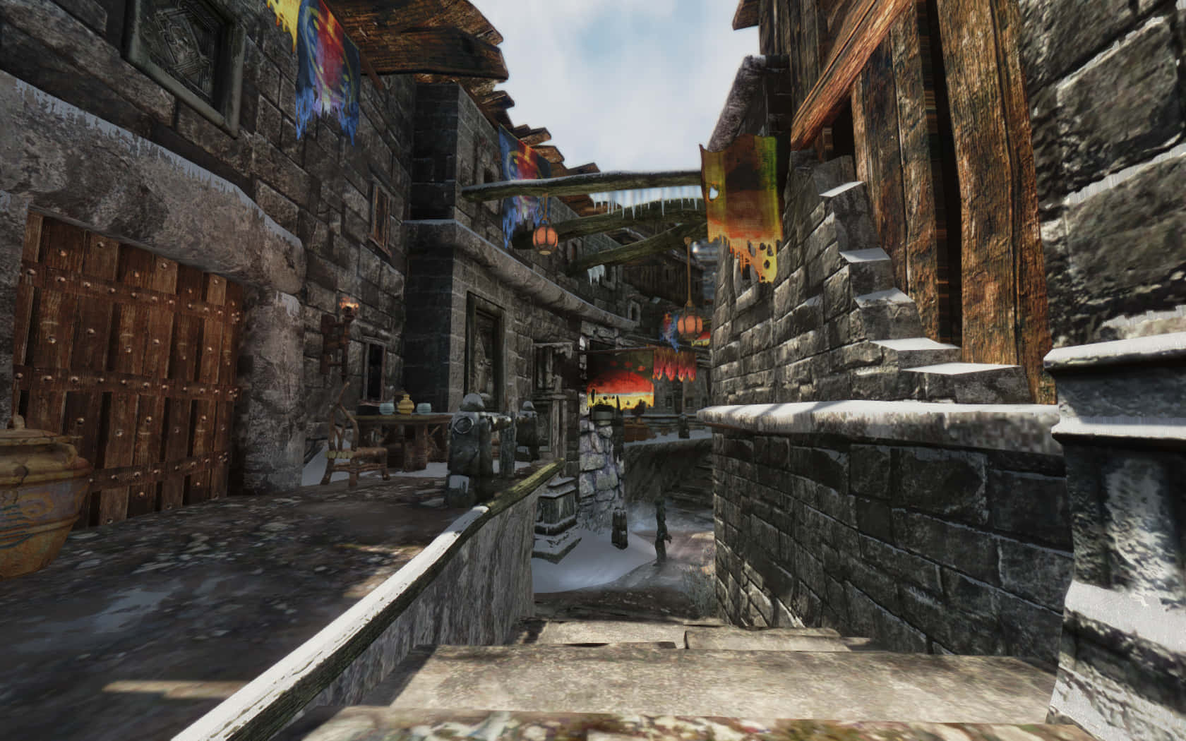 Skyrim, Windhelm, stone alleyway, HD Desktop Wallpaper