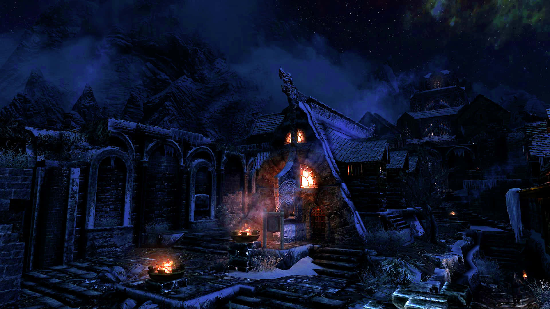 Skyrim, Windhelm, snow-covered medieval village, Full HD Desktop Wallpaper