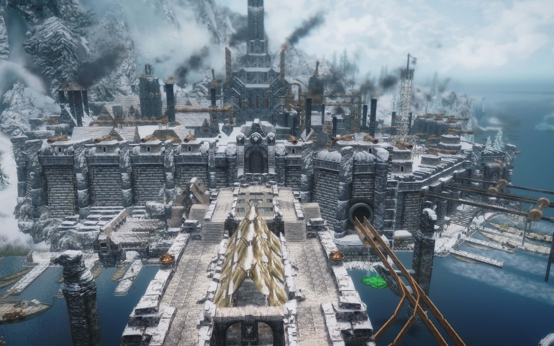 Skyrim, Windhelm, snow-covered medieval fortress city, Full HD Desktop Wallpaper
