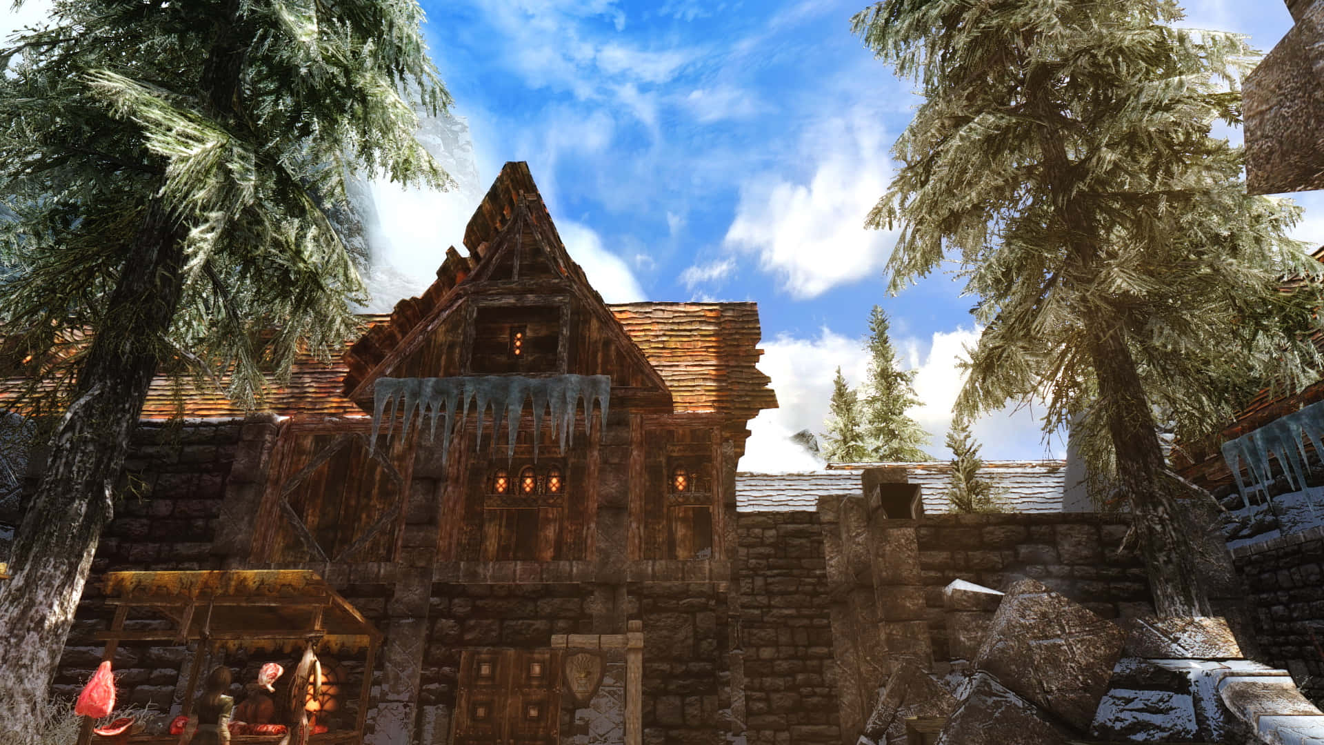 Skyrim, Windhelm, wooden cabin, Full HD Desktop Wallpaper