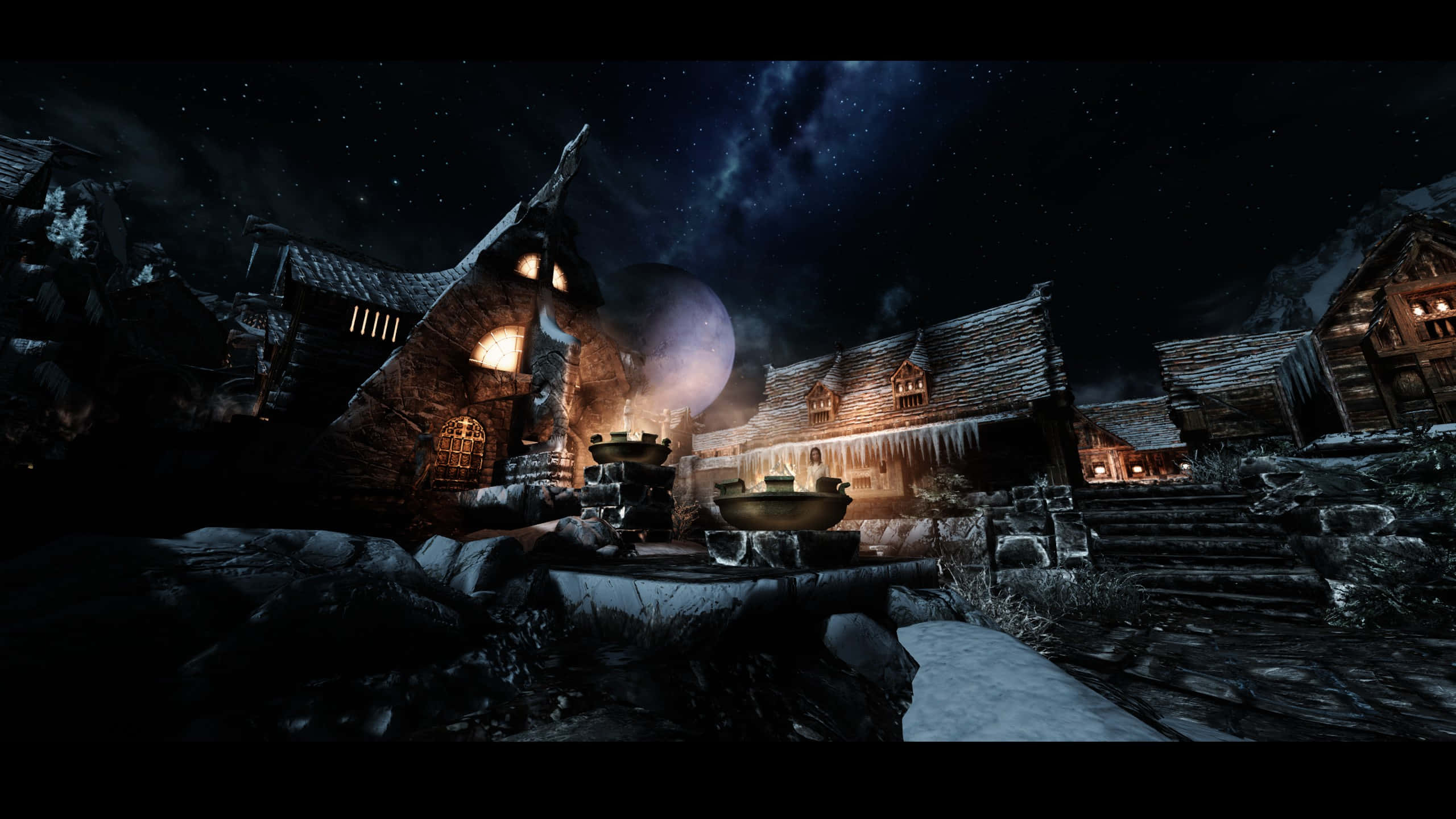 Skyrim, Windhelm, snowy medieval village, 2K Desktop Wallpaper