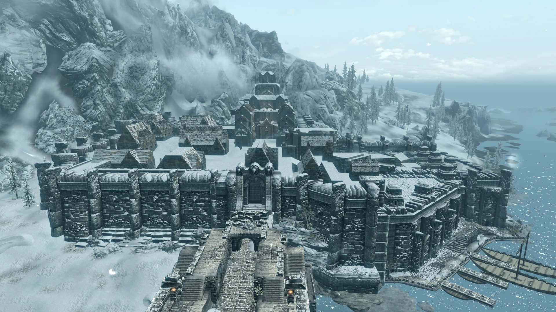 Skyrim Windhelm, snow-covered medieval fortress town, icy mountains, Full HD Desktop Wallpaper