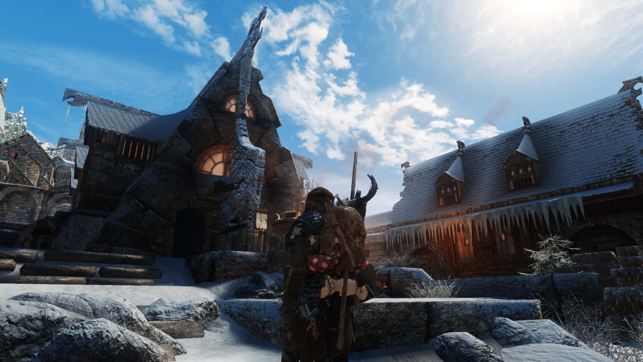 Skyrim, Windhelm, snow-covered medieval village, 2K Desktop Wallpaper
