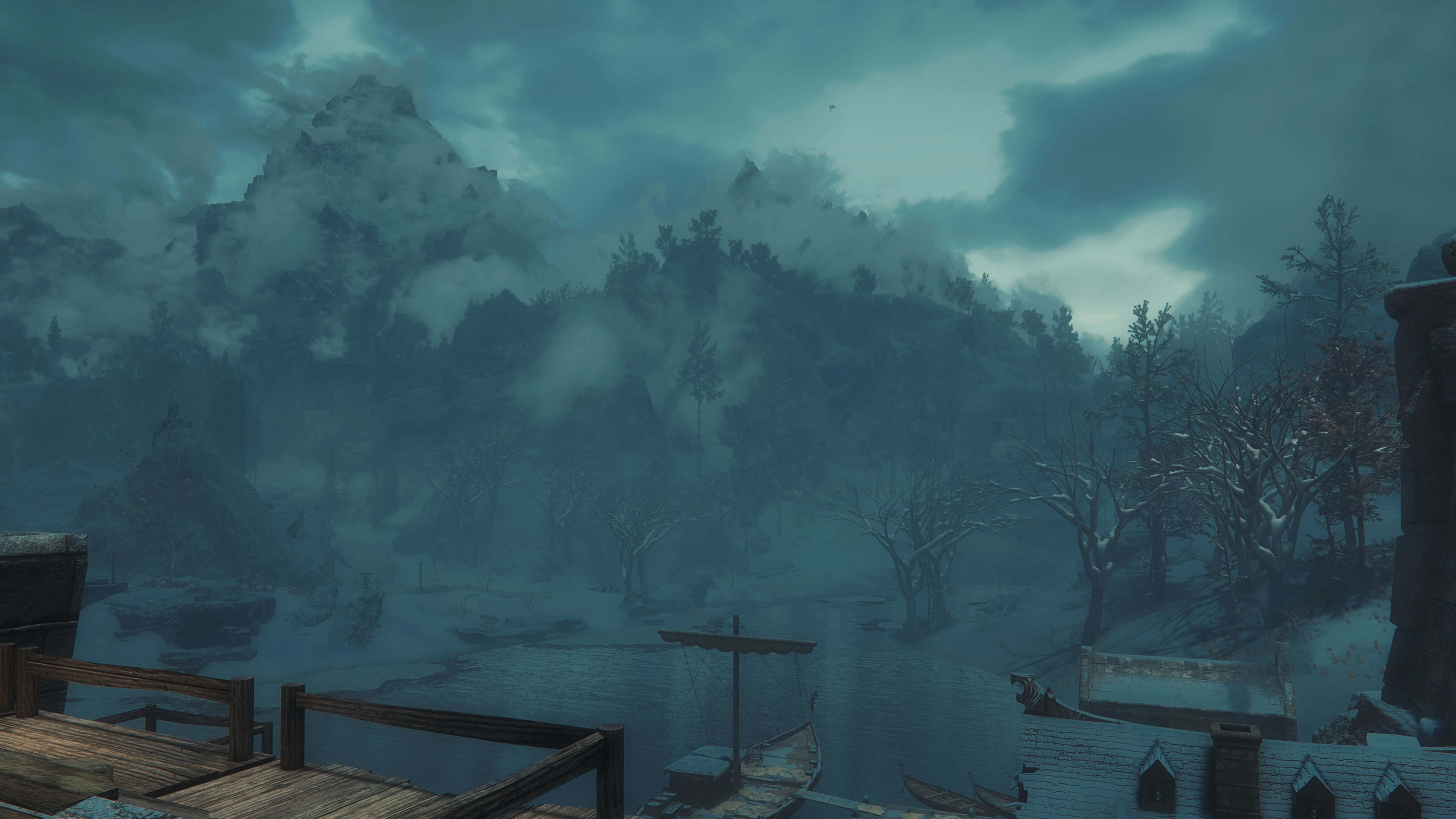 Skyrim, Windhelm, frozen river, 4K Desktop Wallpaper