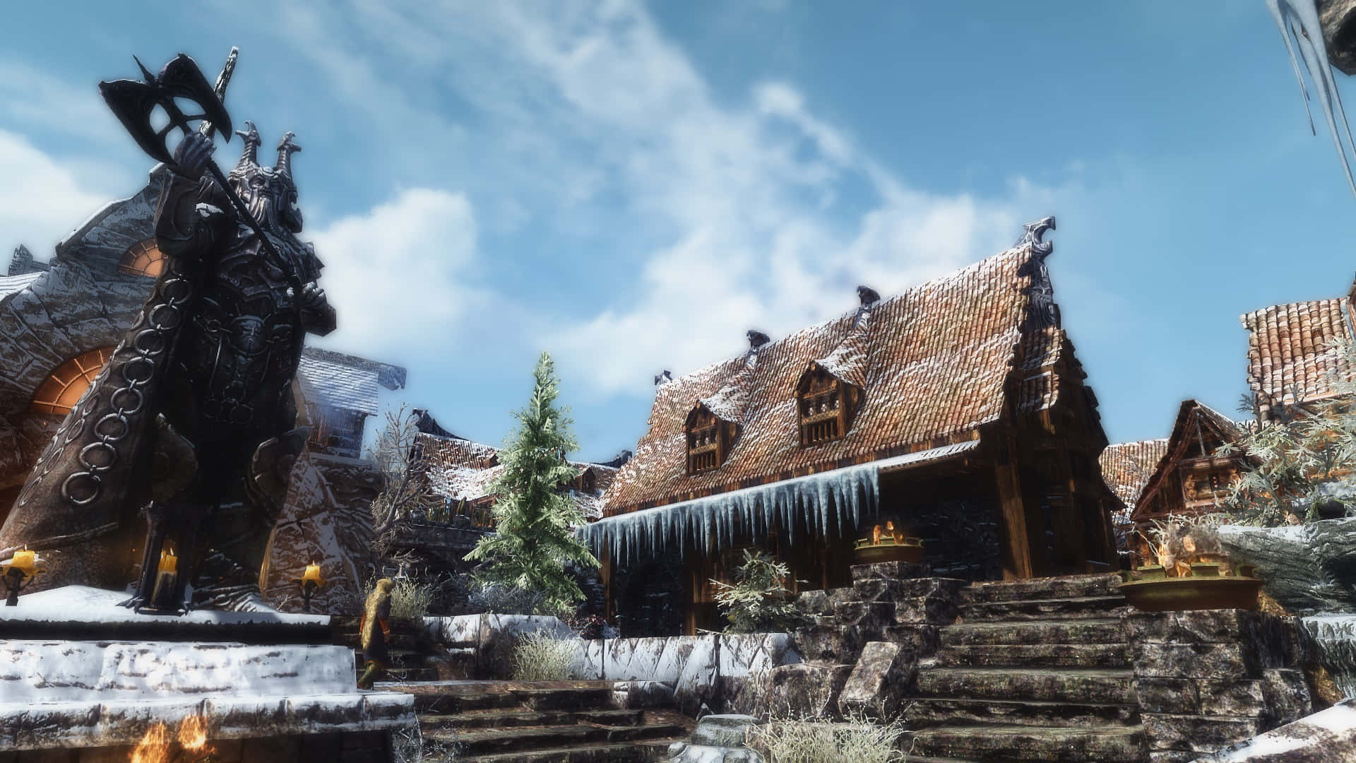 Skyrim, Windhelm, snowy fantasy village, Full HD Desktop Wallpaper