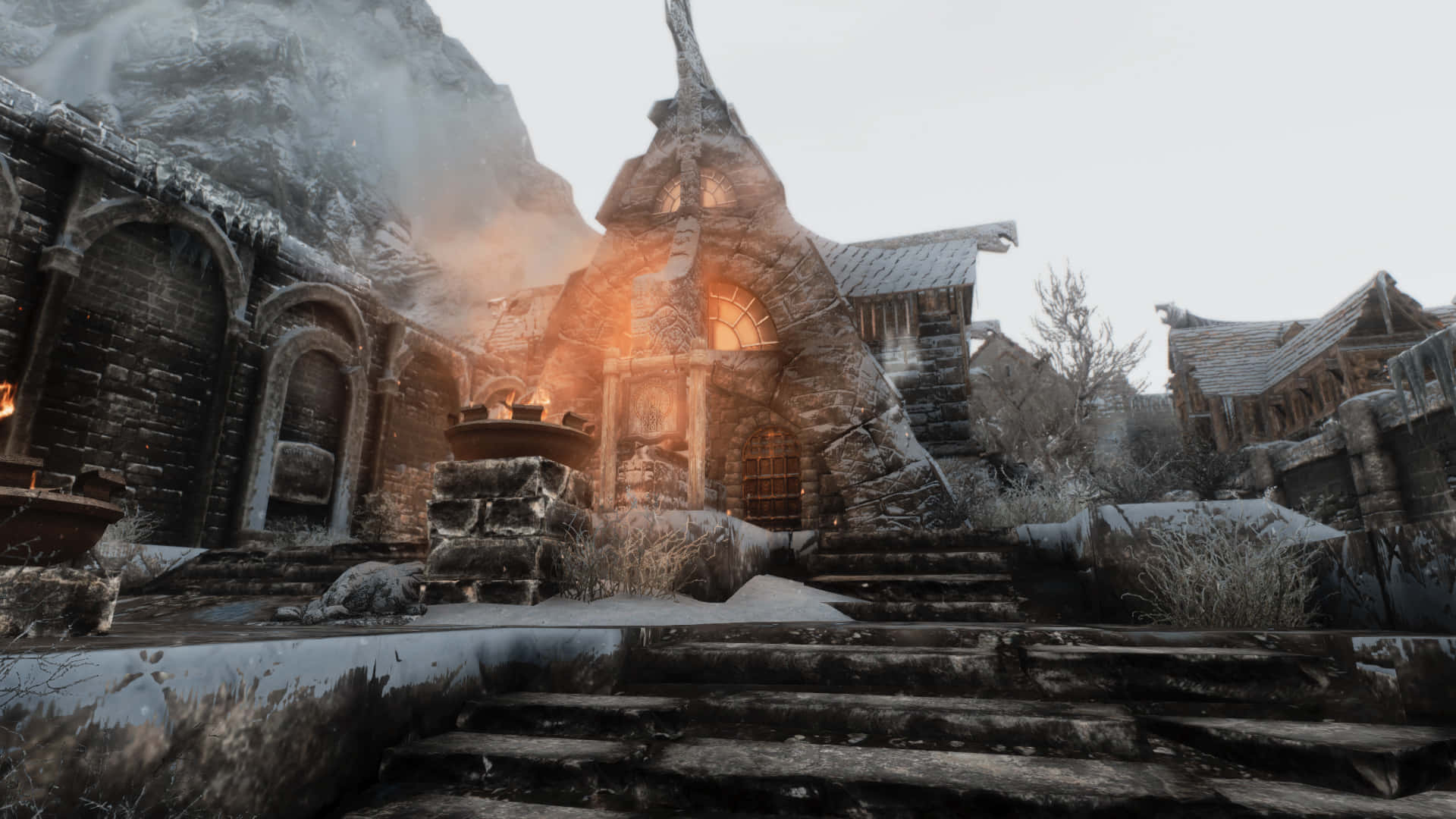 Skyrim Windhelm, snow-covered medieval stone chapel, warm glowing windows, Full HD Desktop Wallpaper