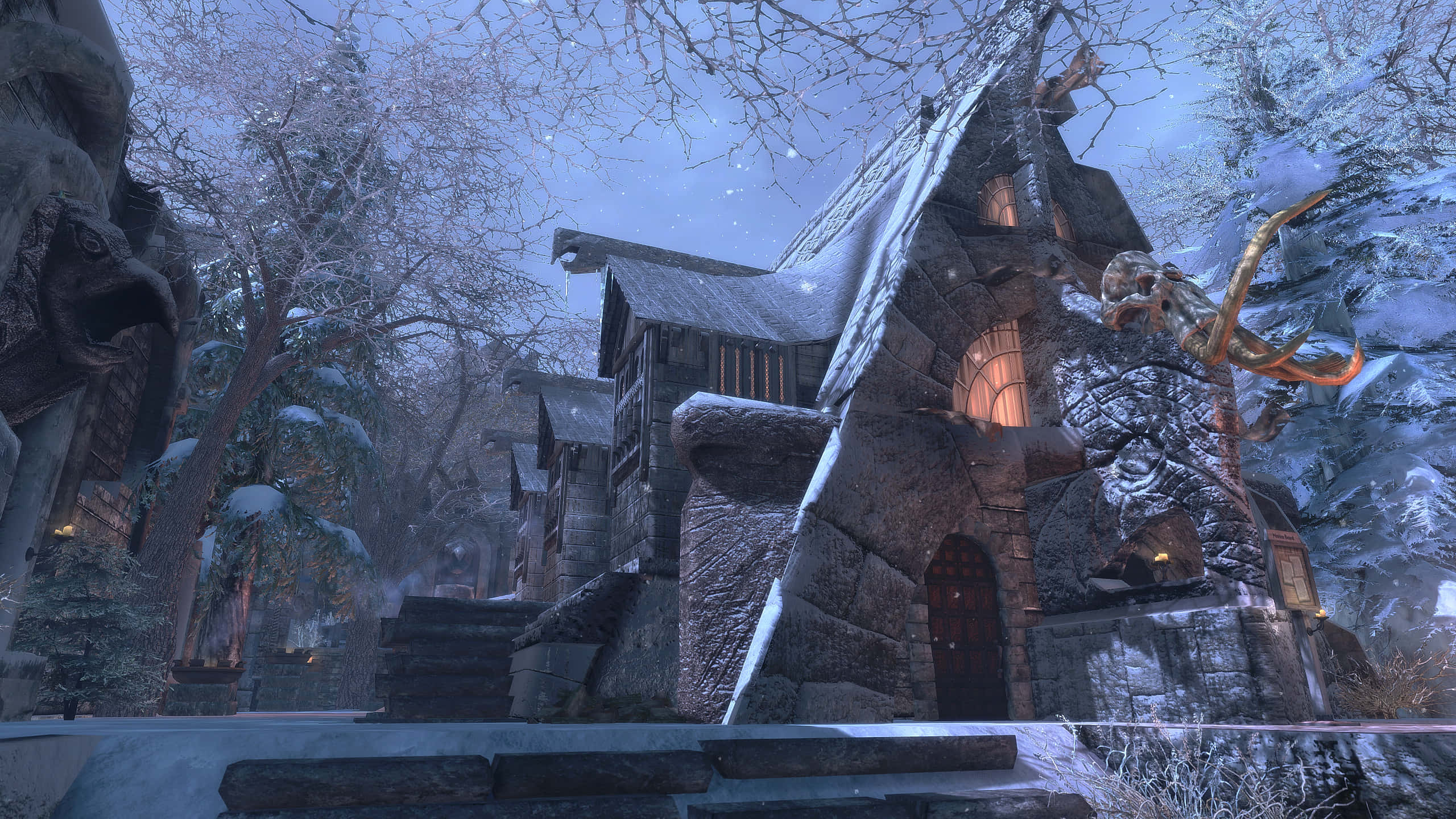 Skyrim, Windhelm, snow-covered stone cottage, 2K Desktop Wallpaper
