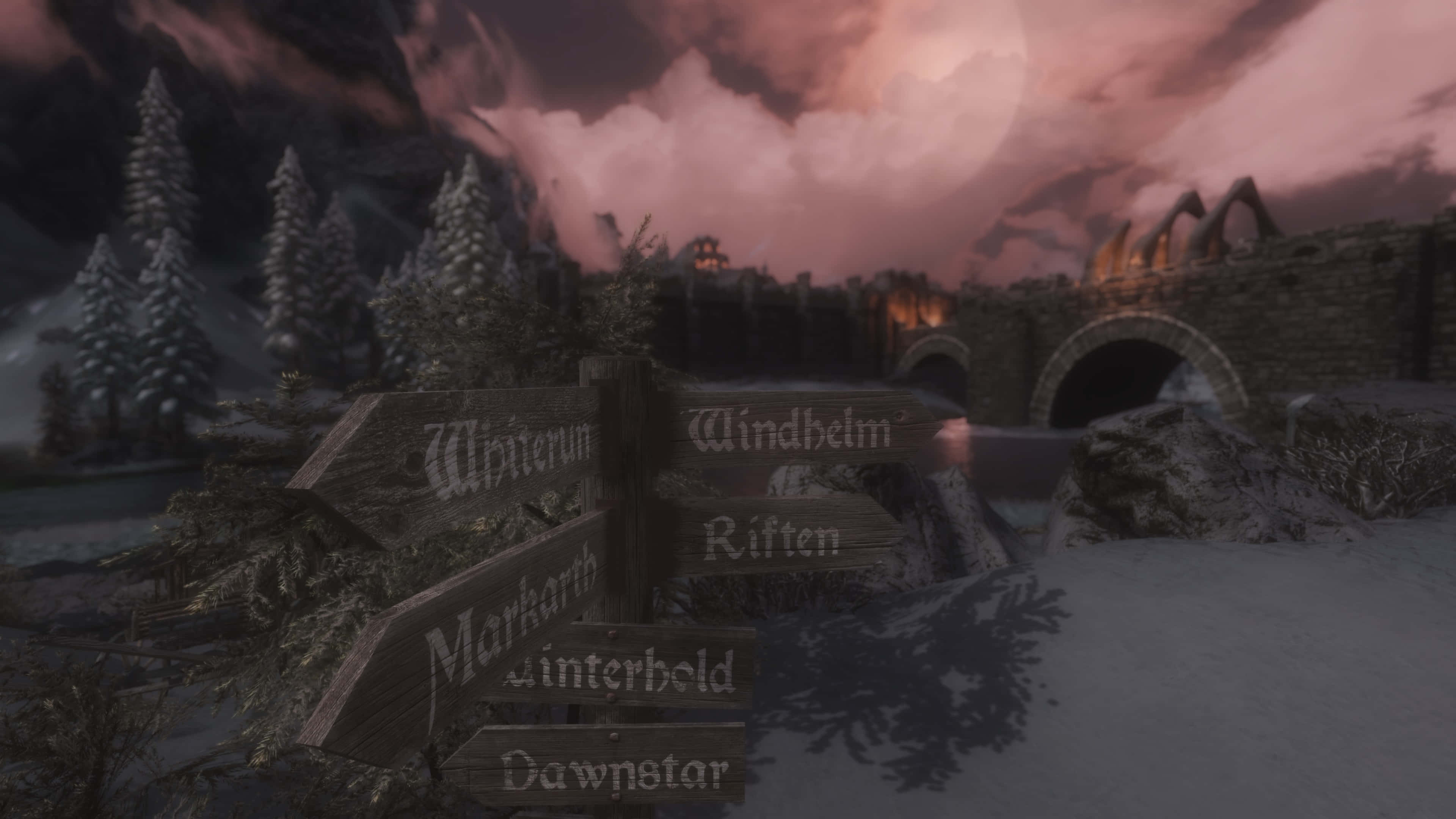 Skyrim, Windhelm, snow-covered wooden signpost, 4K Desktop Wallpaper