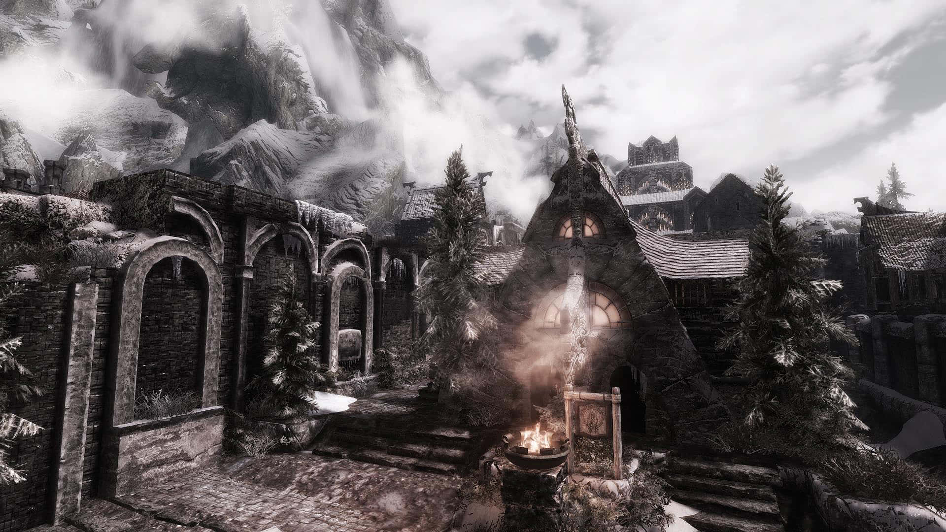 Skyrim, Windhelm, snow-covered medieval village, Full HD Desktop Wallpaper