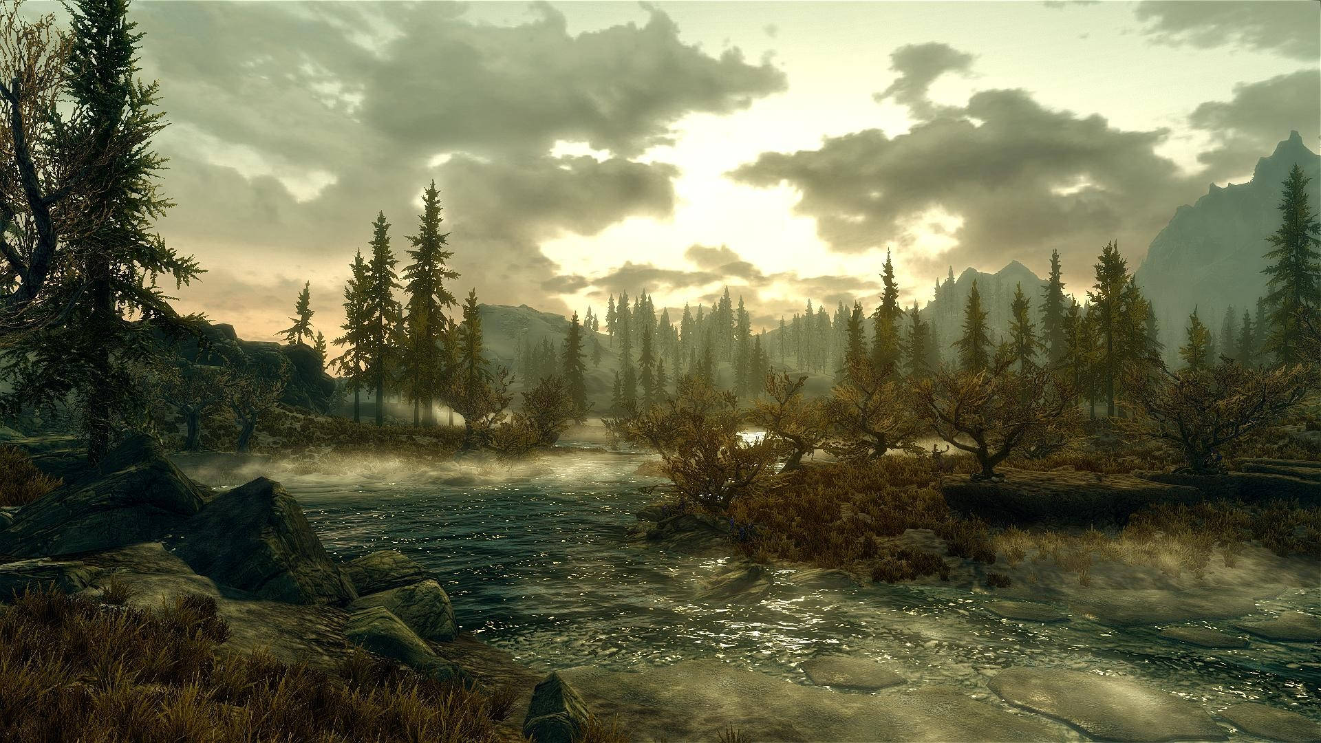 Skyrim, 1920 x 1080, misty river, Full HD Desktop Wallpaper