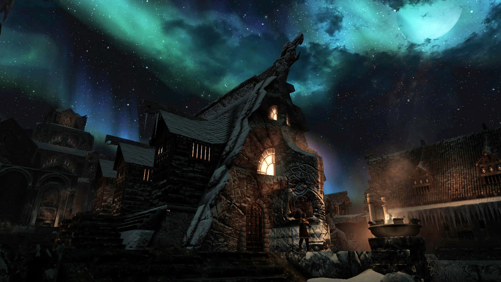 Skyrim, Windhelm, aurora borealis, HD Desktop Wallpaper