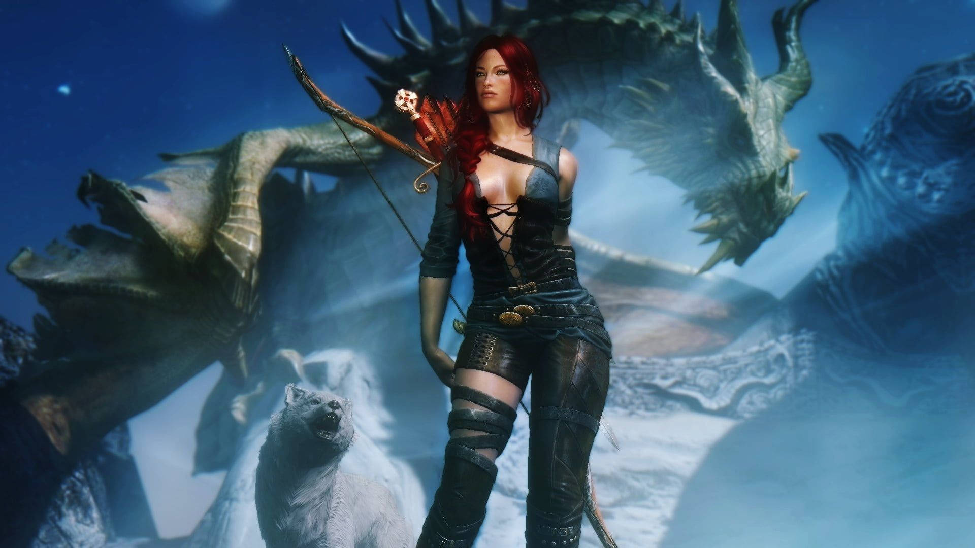 Skyrim, red-haired archer, bow and arrow, Full HD Desktop Wallpaper