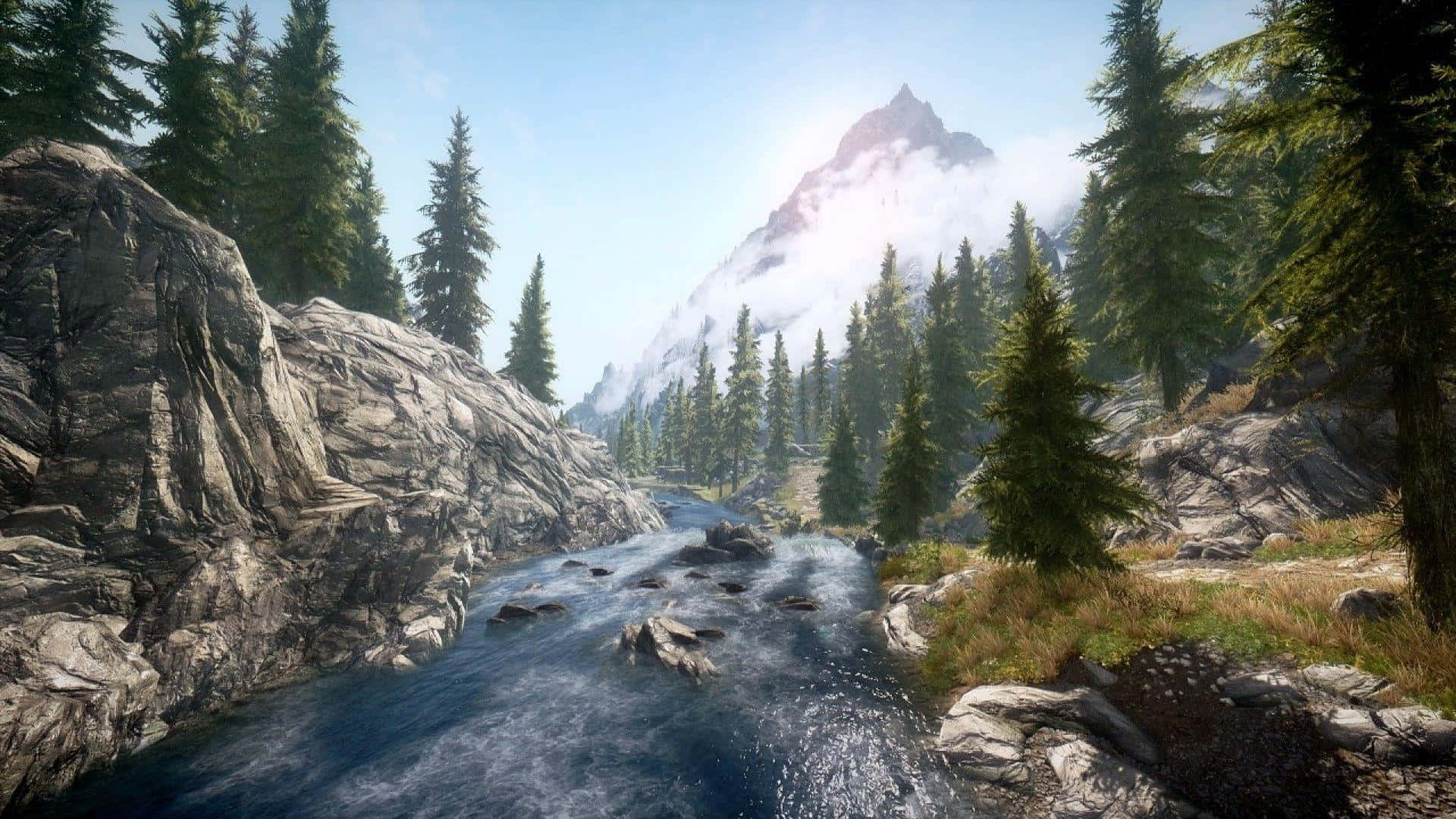 Skyrim, mountain stream, rocky terrain, Full HD Desktop Wallpaper