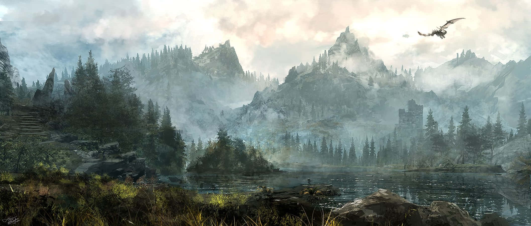 Skyrim, mountain lake, towering peaks, Full HD Desktop Wallpaper