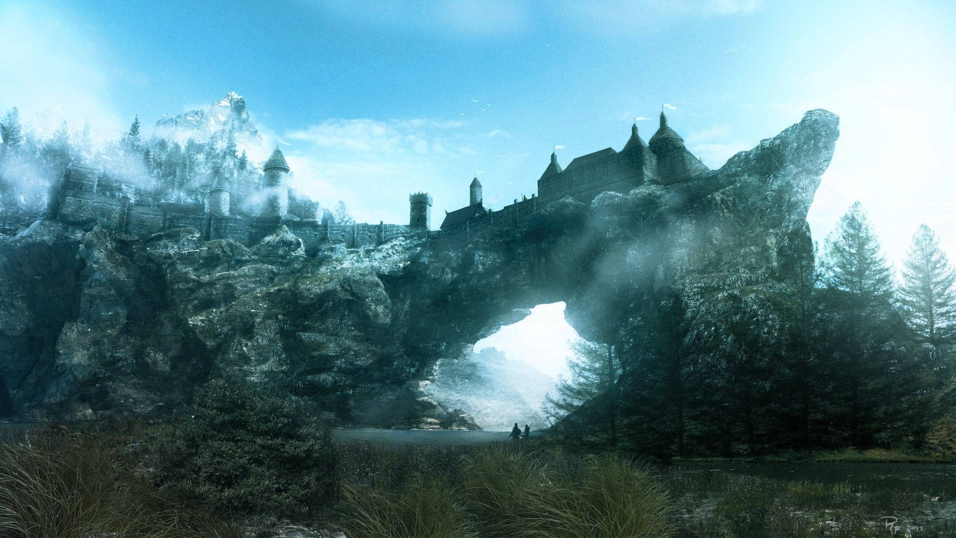 Skyrim, foggy forest, medieval castle, Full HD Desktop Wallpaper