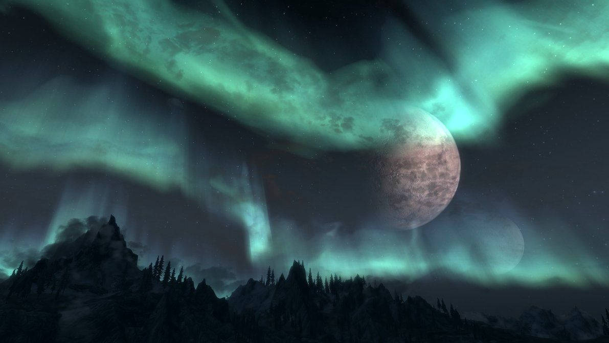 Skyrim, aurora borealis, cratered moon, SD Desktop Wallpaper