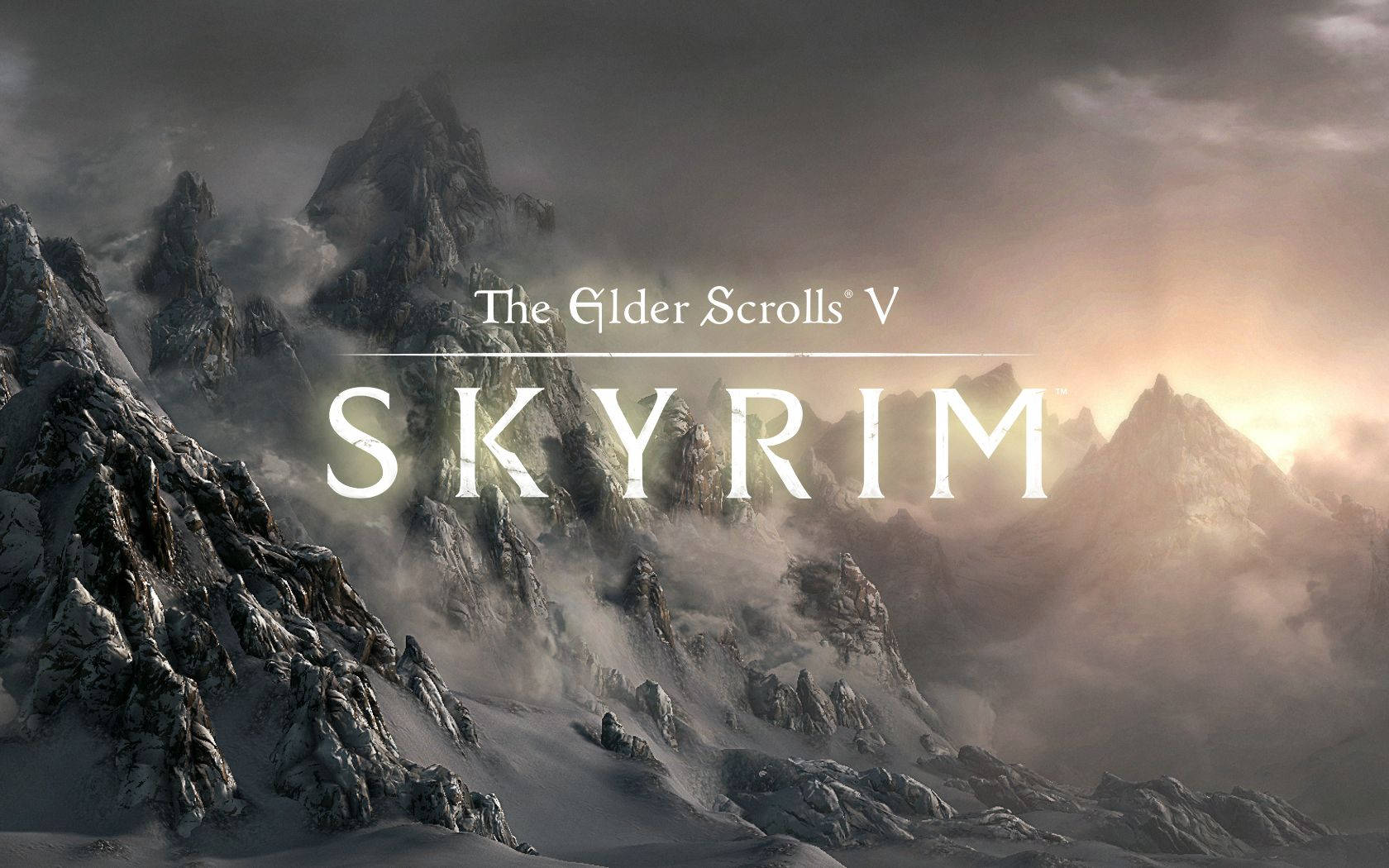 Skyrim, sunset, snowcapped mountain peaks, HD Desktop Wallpaper