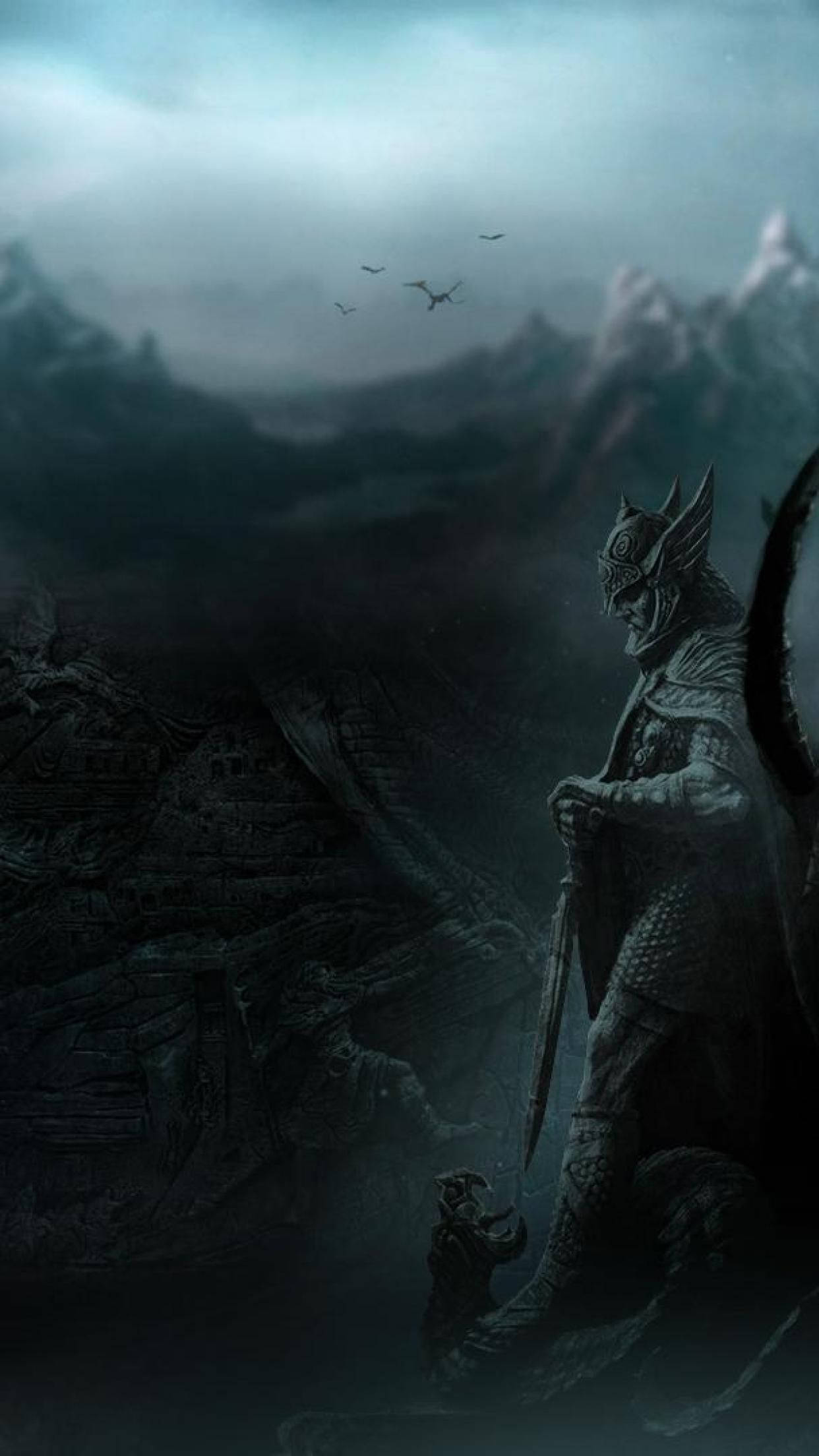 Skyrim, iPhone, large statue, Full HD Phone Wallpaper