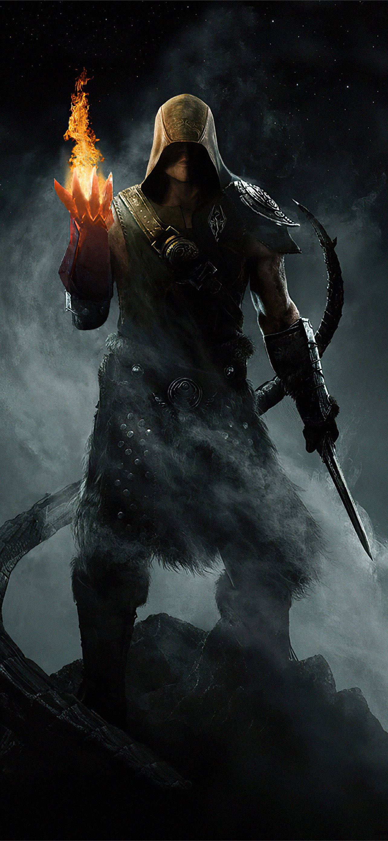 Skyrim, flame in hand, hooded warrior, 2K Phone Wallpaper