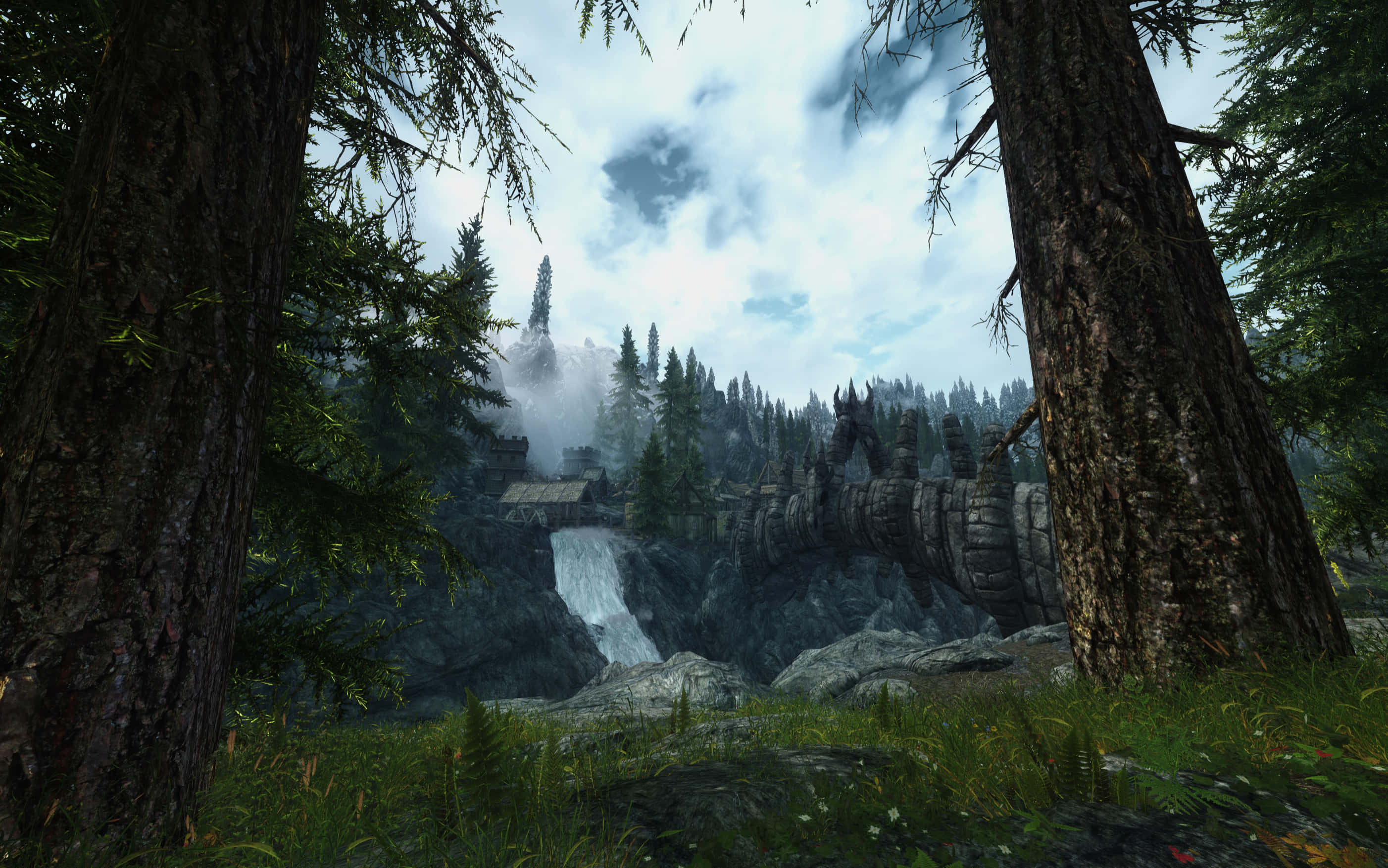 Skyrim, ancient stone bridge, misty waterfall, 2K Desktop Wallpaper