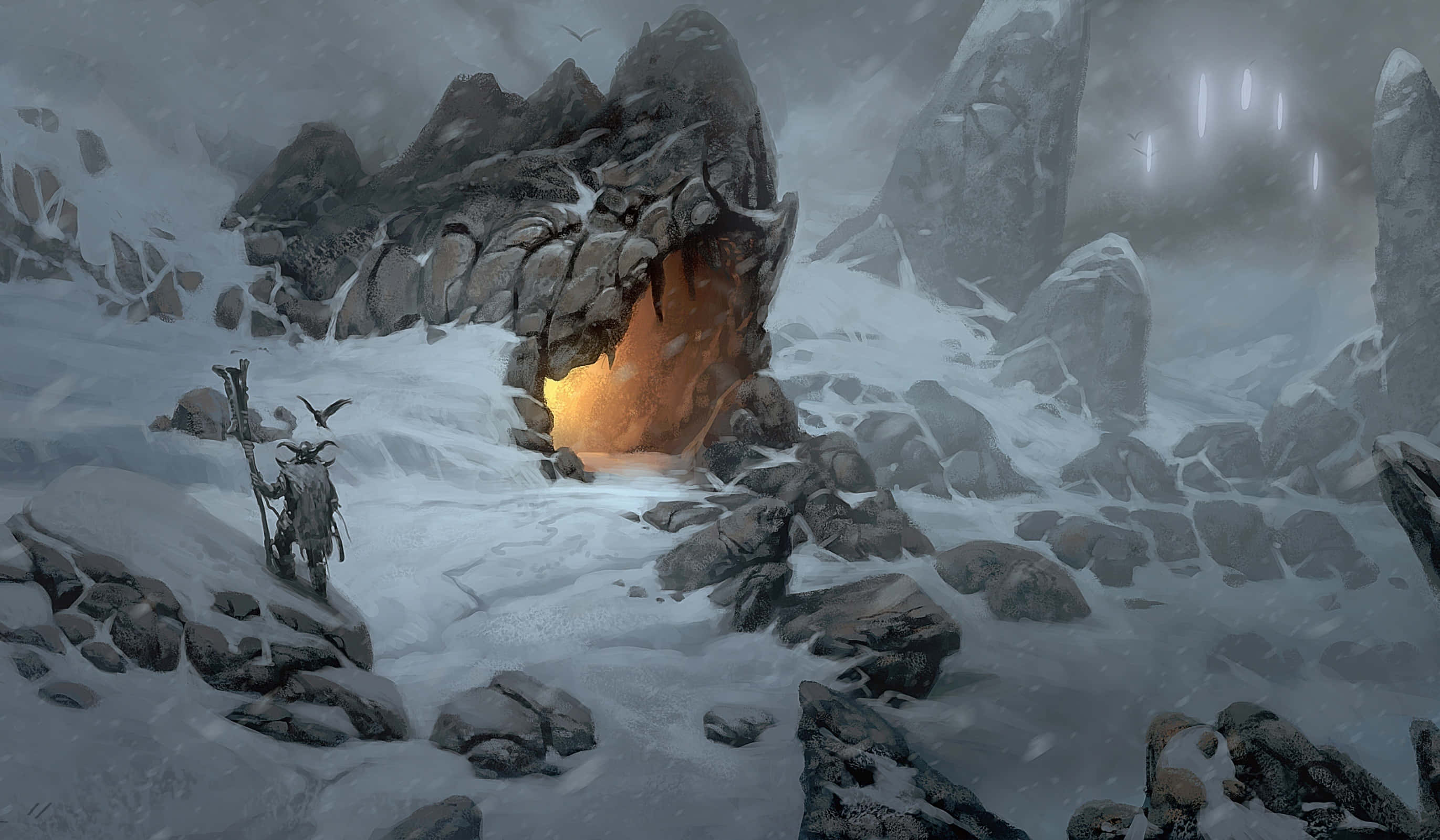 Skyrim, rocky cave, snowy mountainous landscape, 2K Desktop Wallpaper
