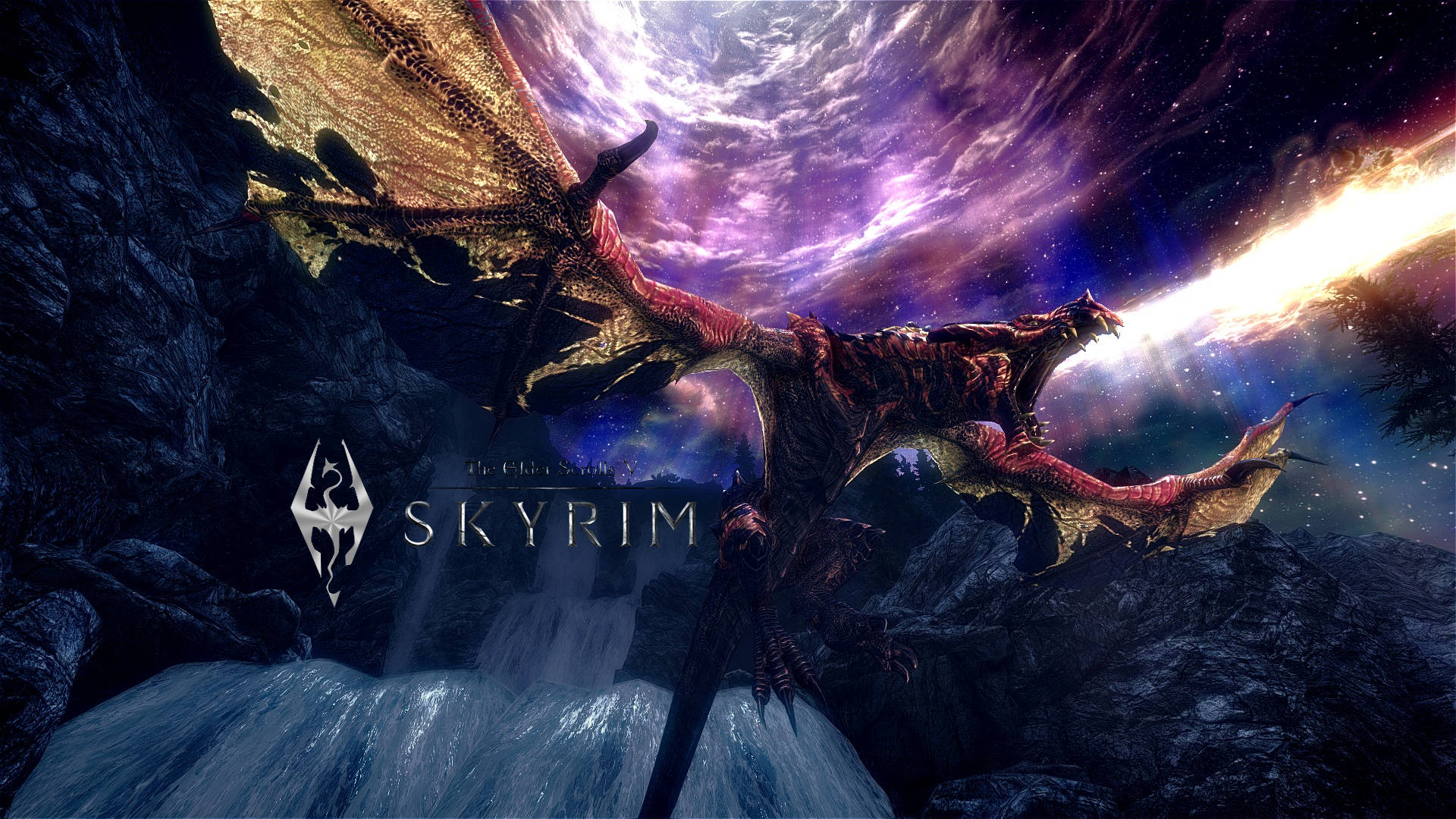 Skyrim, red dragon, waterfall, Full HD Desktop Wallpaper