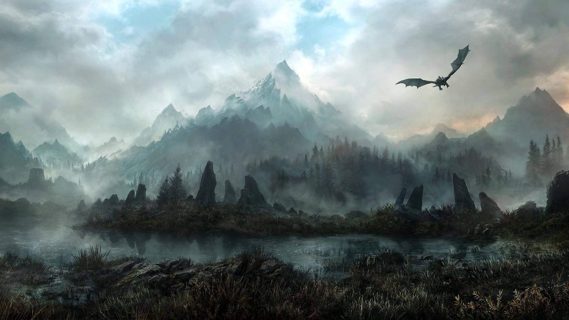 Skyrim, pine forests, dragon, Full HD Desktop Wallpaper
