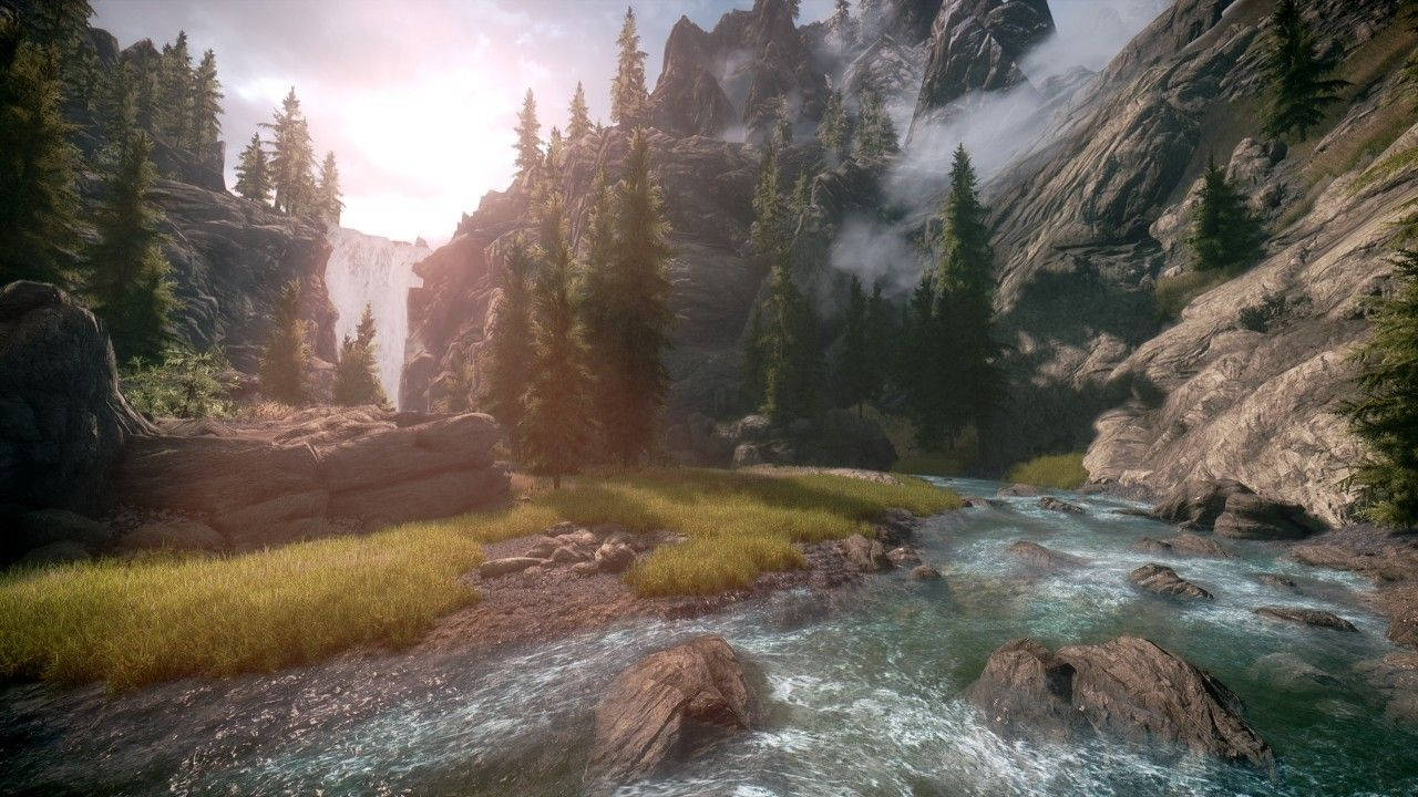 Skyrim, waterfalls, mountain valley, HD Desktop Wallpaper