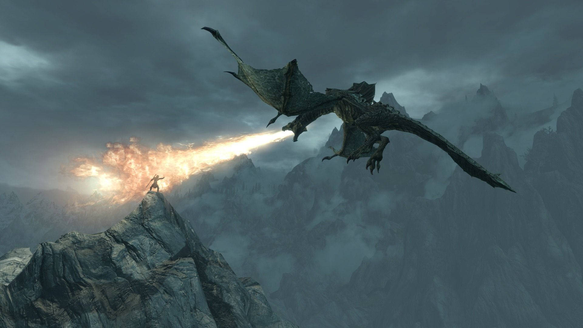Skyrim, fire breathing dragon, snowy mountain peak, Full HD Desktop Wallpaper