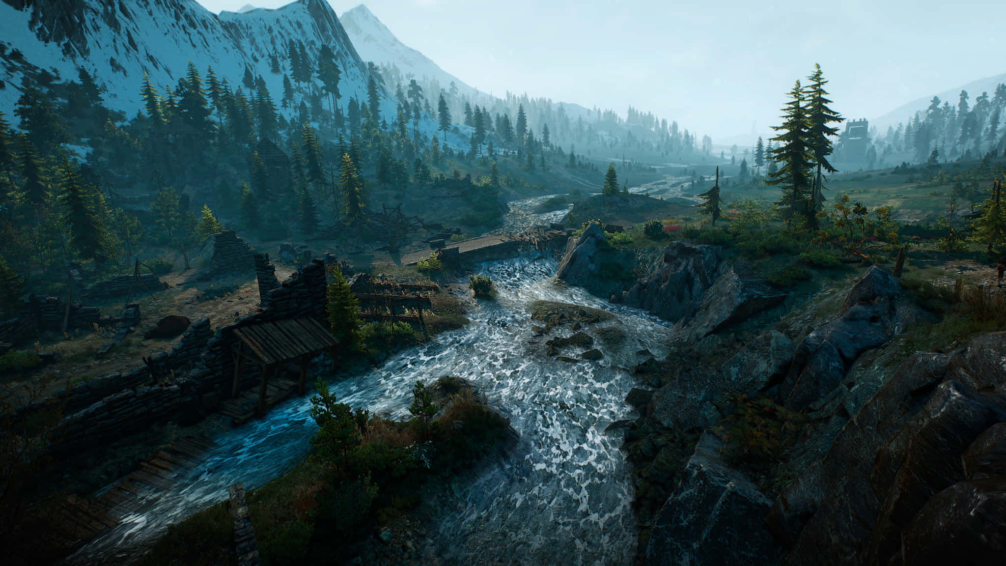 Skyrim, mountain stream, ancient stone ruins, Full HD Desktop Wallpaper