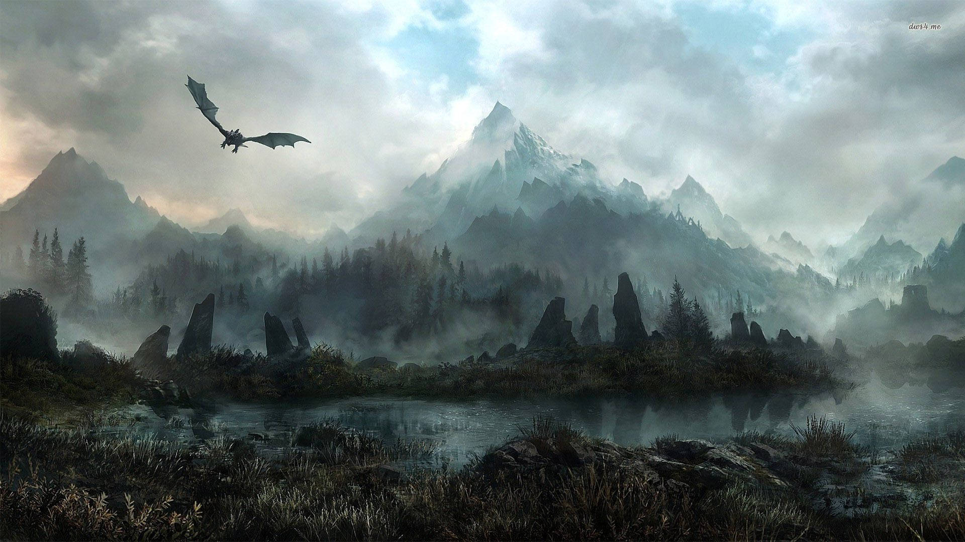 Skyrim, flying dragon, misty mountain valley, Full HD Desktop Wallpaper