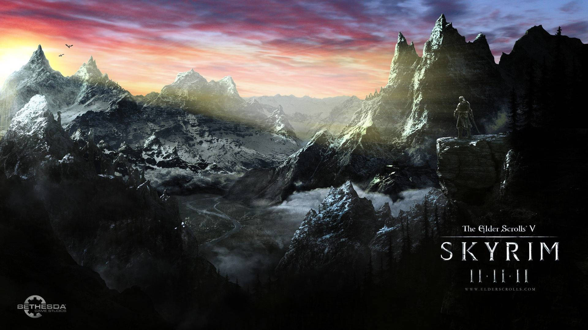 Skyrim, snowy mountain range, sunset, Full HD Desktop Wallpaper