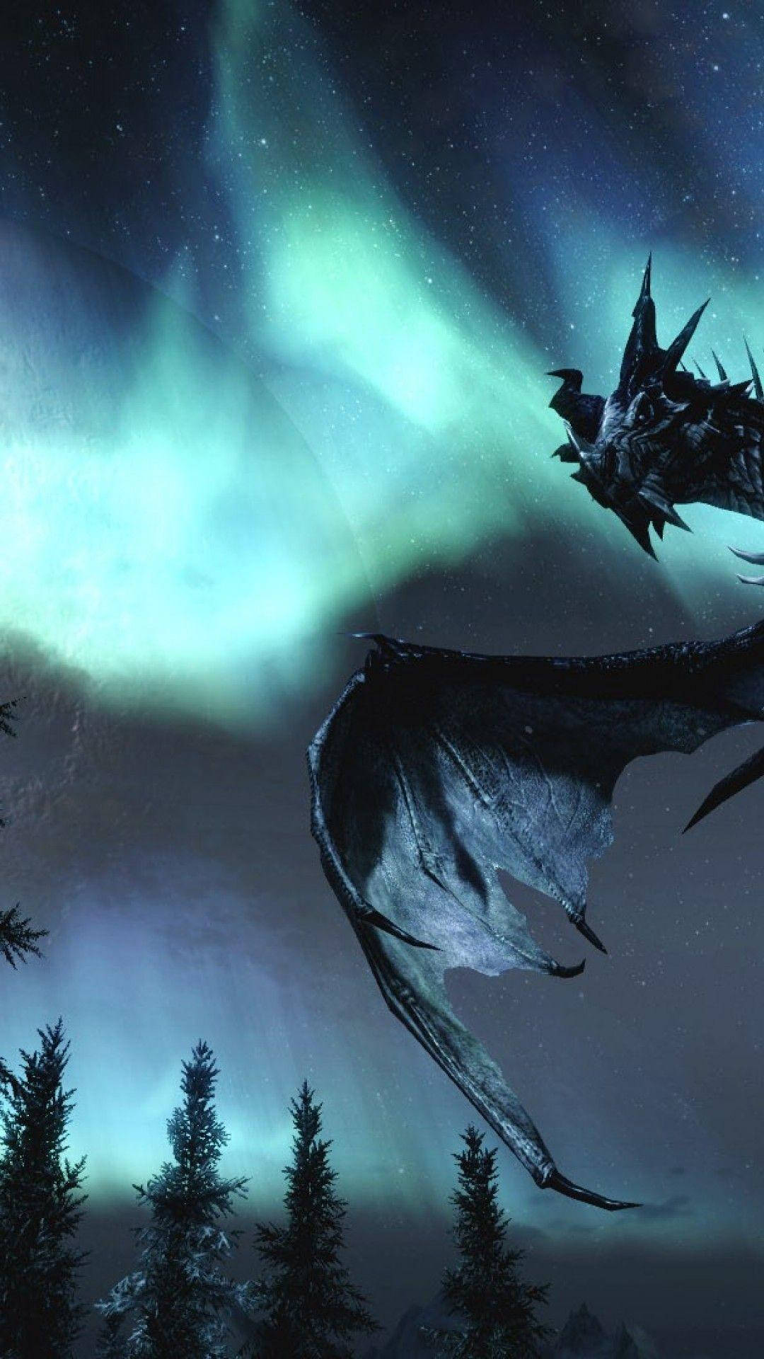 Skyrim, dragon, night sky, Full HD Phone Wallpaper