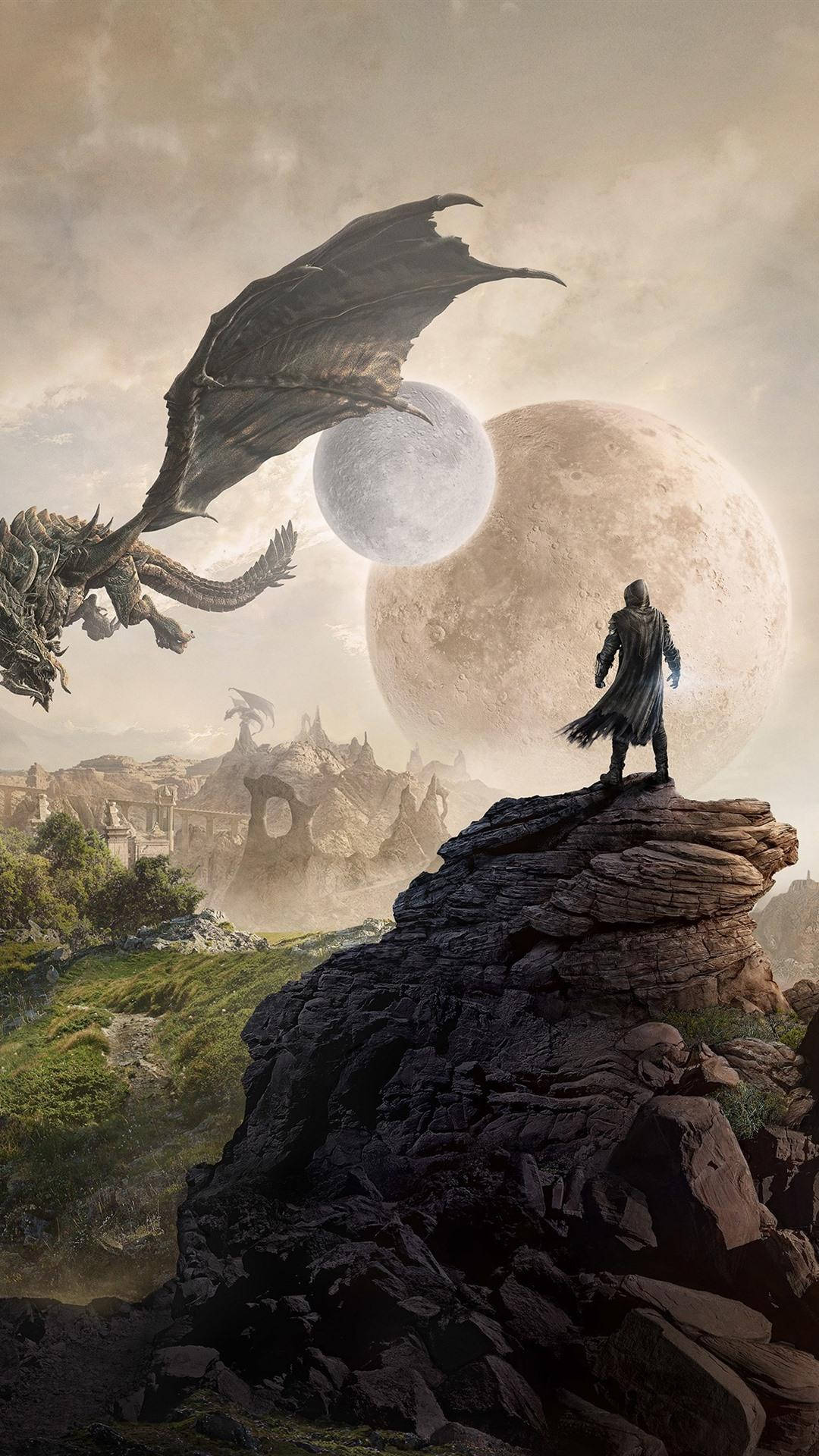 Skyrim, dragon, two moons, Full HD Phone Wallpaper