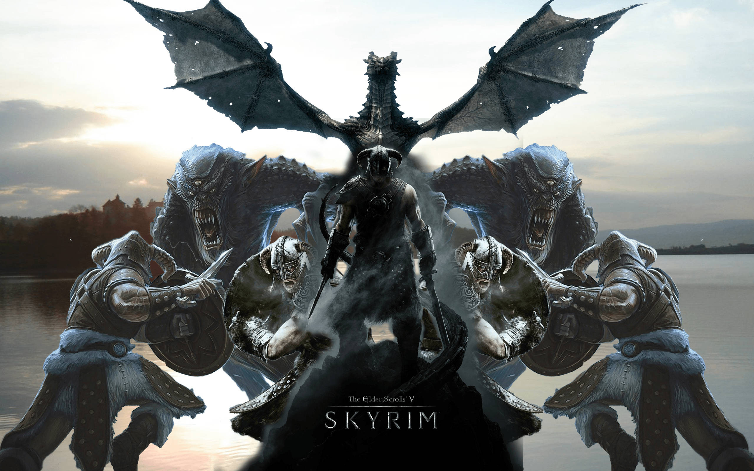 Skyrim, warrior, massive dragon, 2K Desktop Wallpaper