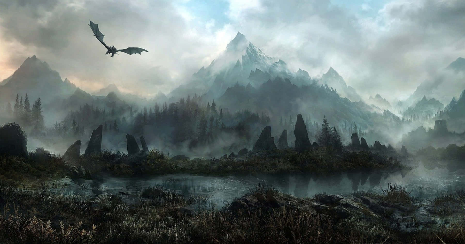 Skyrim, dragon, misty mountain valley, Full HD Desktop Wallpaper