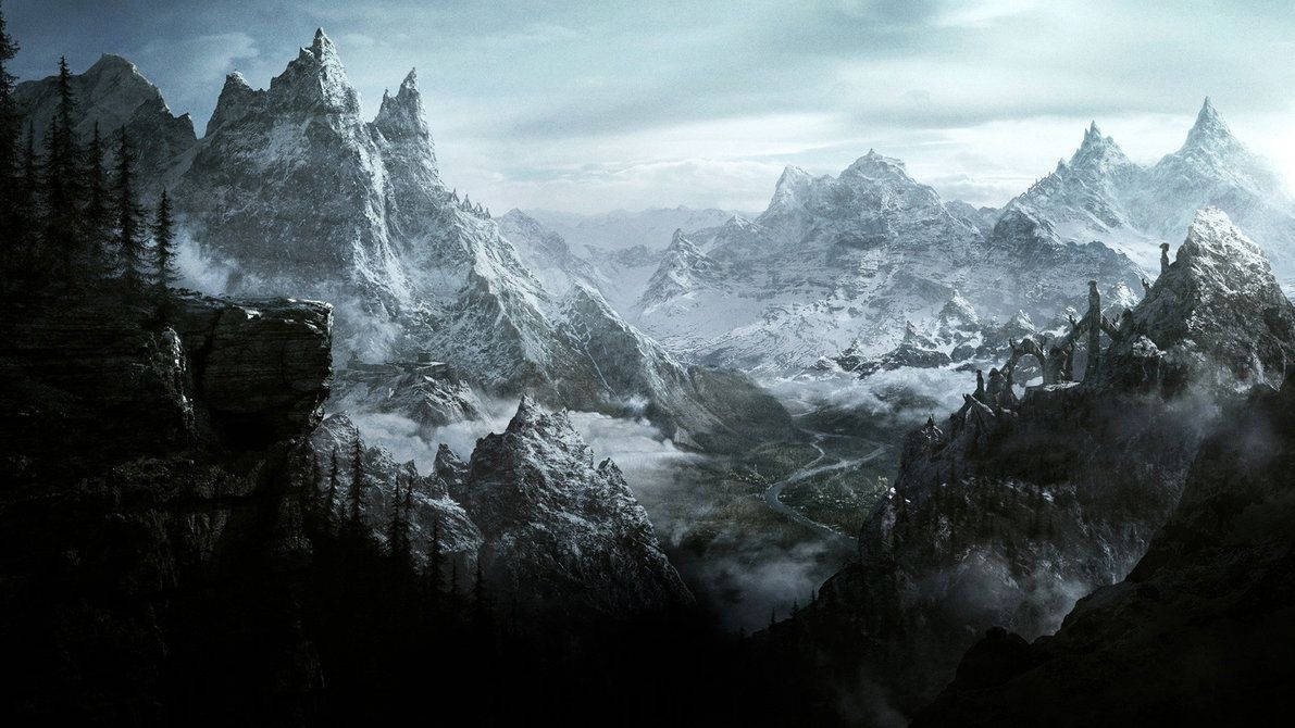Skyrim, icy mountains, snow-capped peaks, SD Desktop Wallpaper