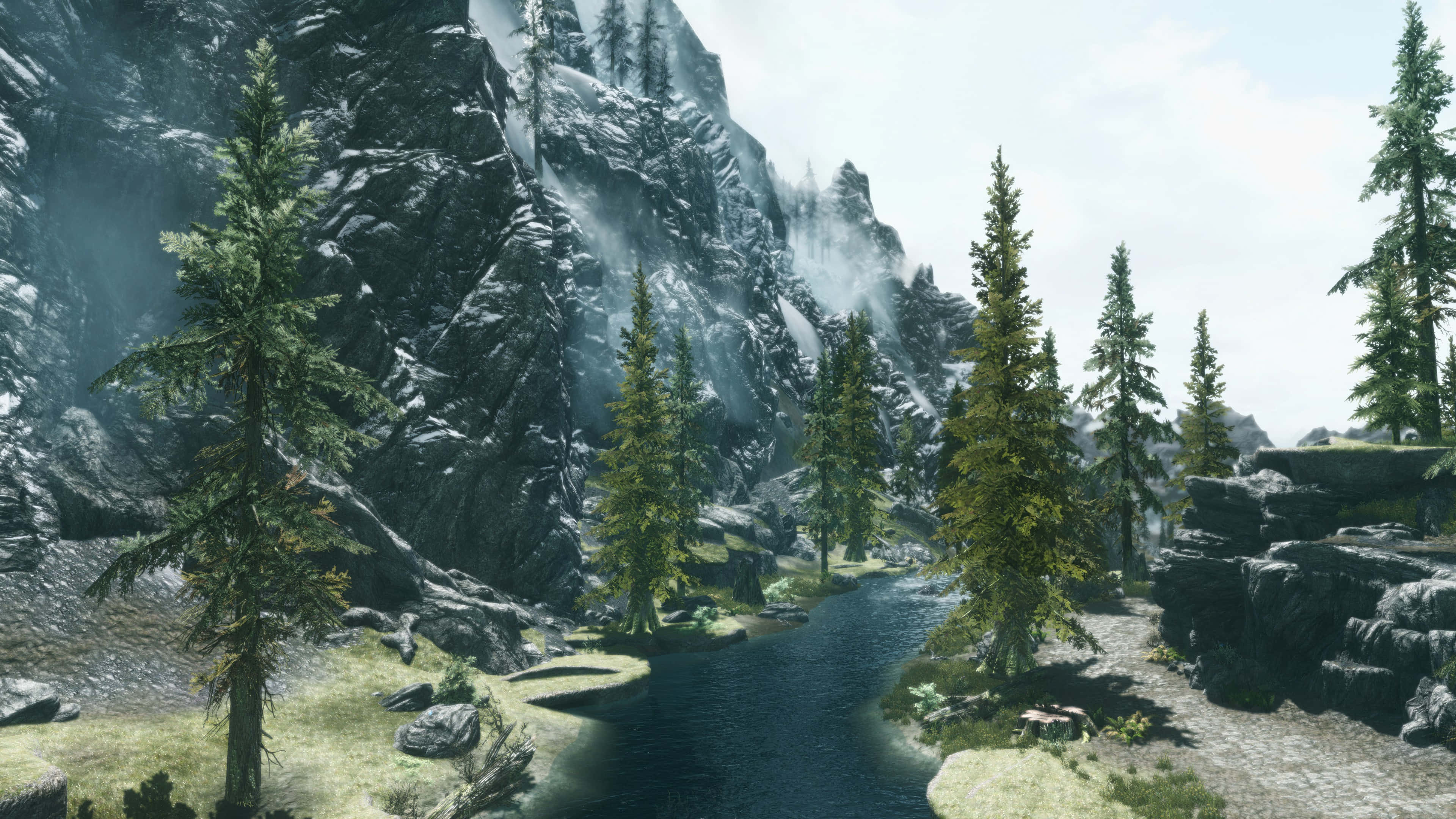 Skyrim, mountain valley, winding river, 4K Desktop Wallpaper