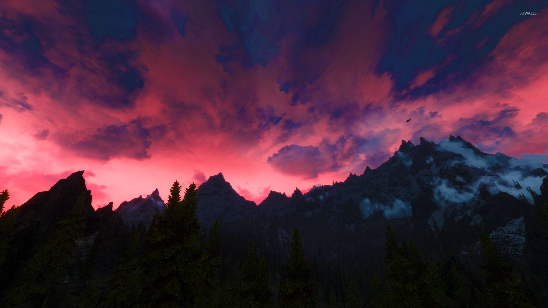Skyrim, Red Sky, fiery pink, Full HD Desktop Wallpaper