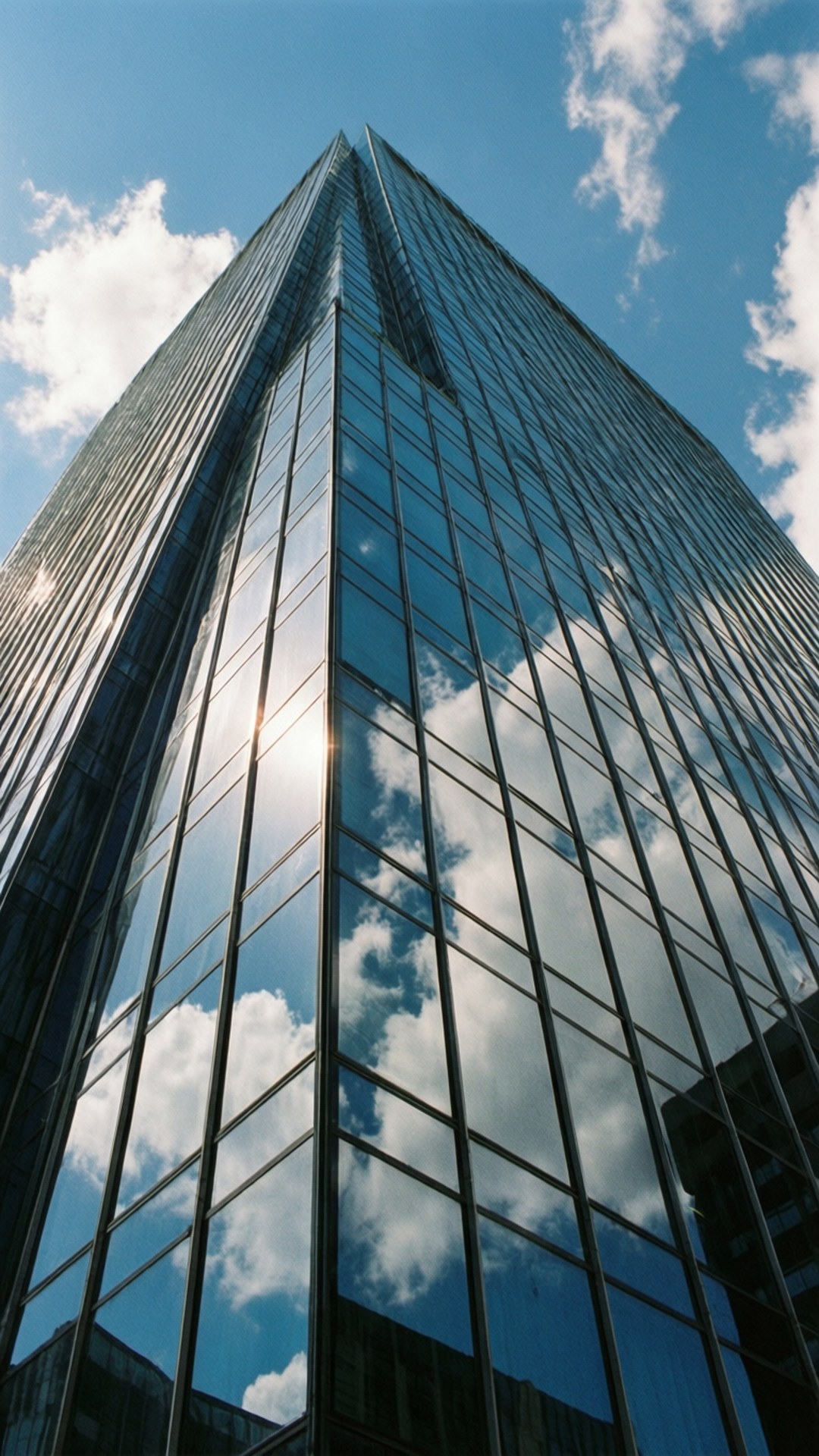glass skyscraper, bright blue sky, fluffy white clouds, Full HD Phone Wallpaper
