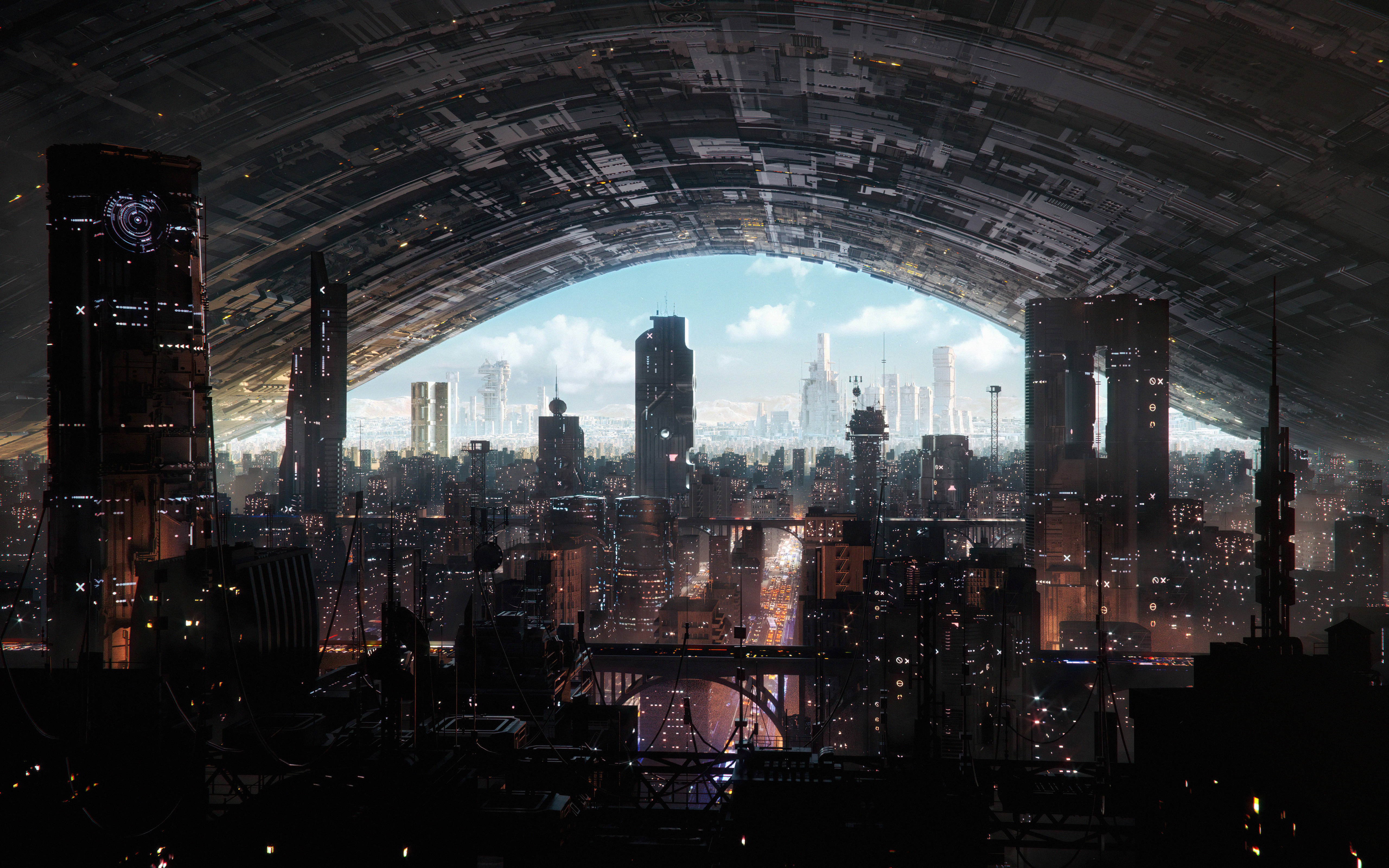 futuristic cityscape, colossal metallic arch, glowing skyscrapers, 5K Desktop Wallpaper