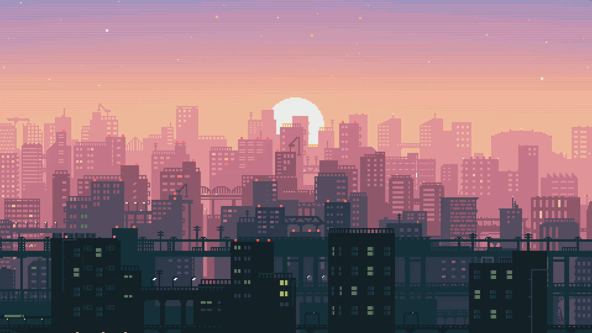 pixel art, cityscape, twilight, Full HD Desktop Wallpaper