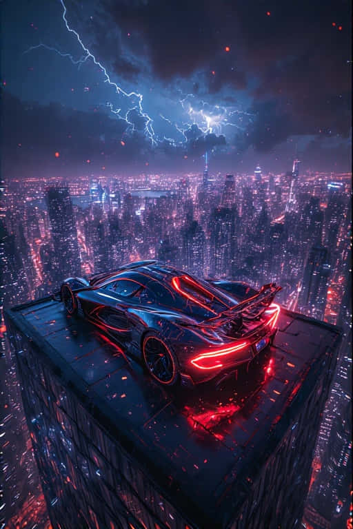 sleek black sports car, glowing red accents, skyscraper, SD Phone Wallpaper