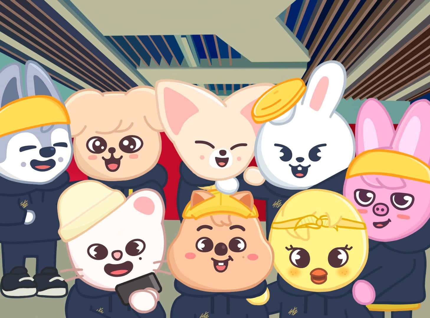 Skzoo, cartoon animal characters, matching uniforms, HD Desktop Wallpaper